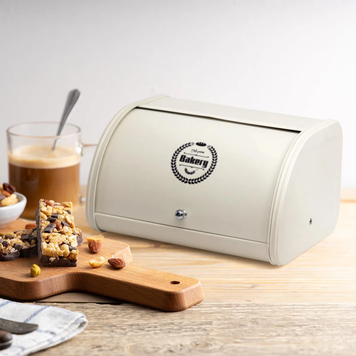 HollyHOME Panera con Cuerpo de Acero Inoxidable Paneras de Metal para Cocina Contenedores de Almacenamiento de pan con Tapa Enrollable de Fácil Almacenamiento, Crema