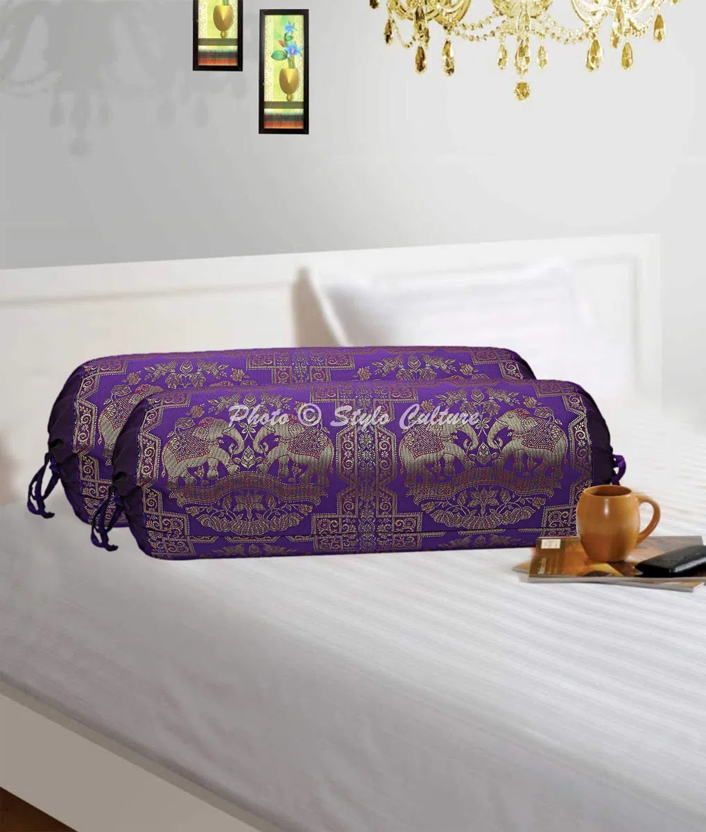 Polidupion Etnico Decorativo Cilíndrica Fundas De Almohadas 70x40 Boho Decorativo Fundas Decorativas para Almohada Bolster Covers Oro Morado Elefante Brocado Largo For Couch (Set of 2)