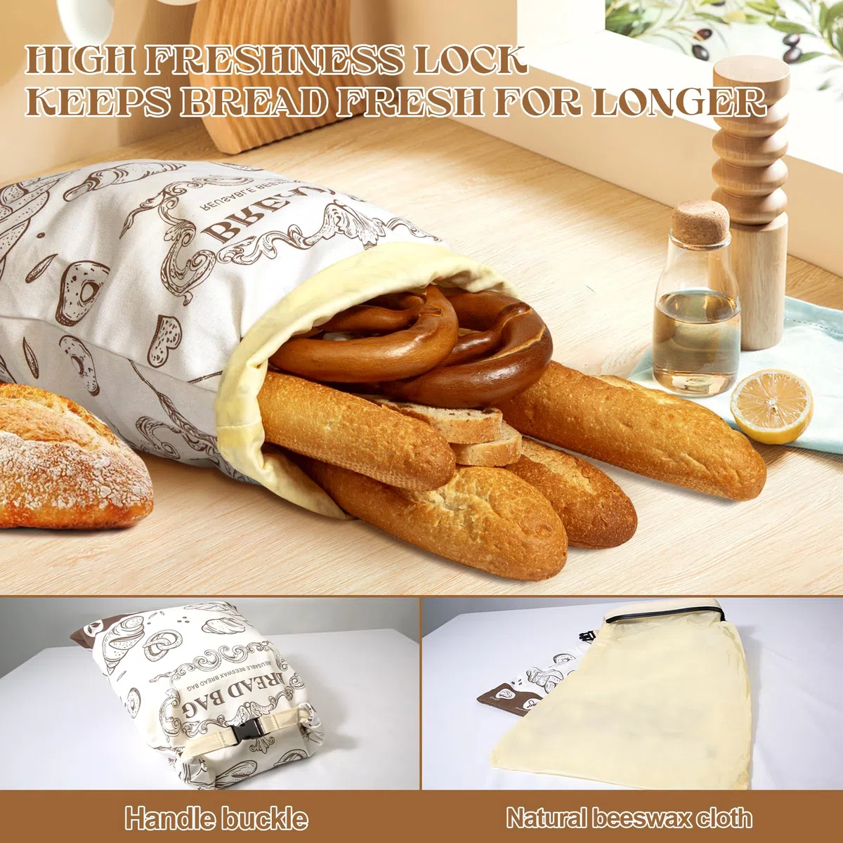 Bolsas reutilizables de cera de abeja con hebilla para pan - Almacenamiento de algodón de gran capacidad para pan casero, Masa madre y productos de panadería frescos (2 piezas)