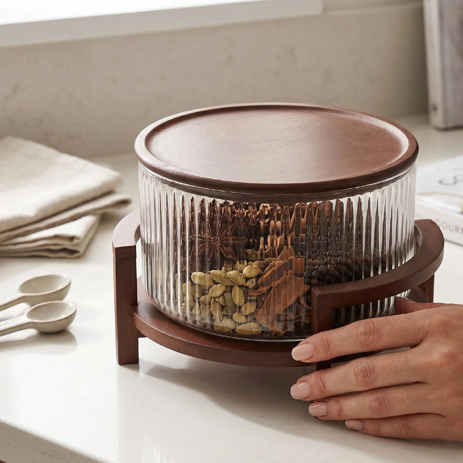 Garsent Ensaladera de Vidrio de 4,3 L con Soporte y Tapa de Madera, Cuenco Grande para Servir Frutas a Prueba de Calor para el Hogar, Comedor, Reunión, Cocina