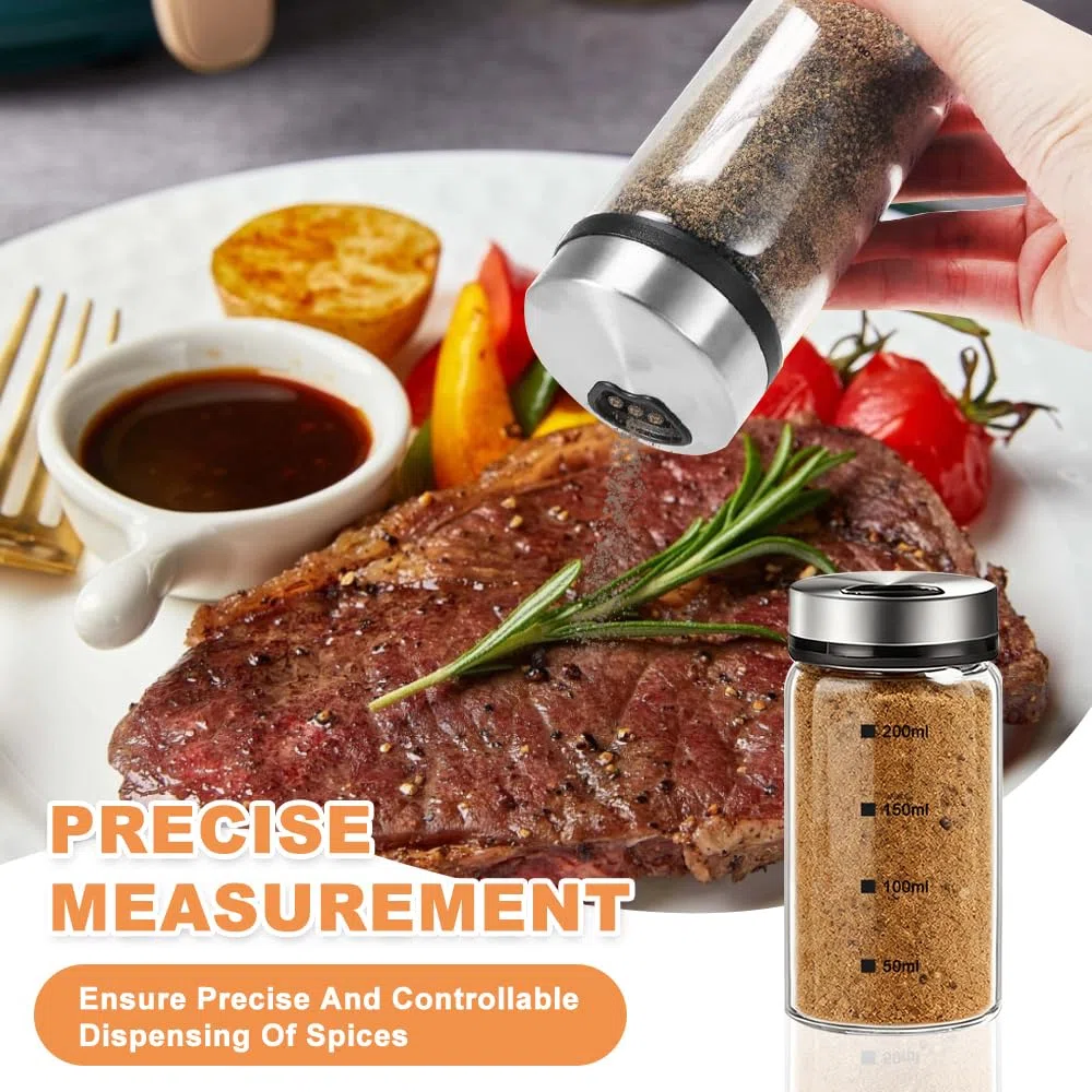 4 tarros de especias con tapa giratoria, 200 ml, salero y pimentero, tarros de especias con agujeros para especias, vidrio de borosilicato, para cocina, barbacoa, barbacoa y cocina