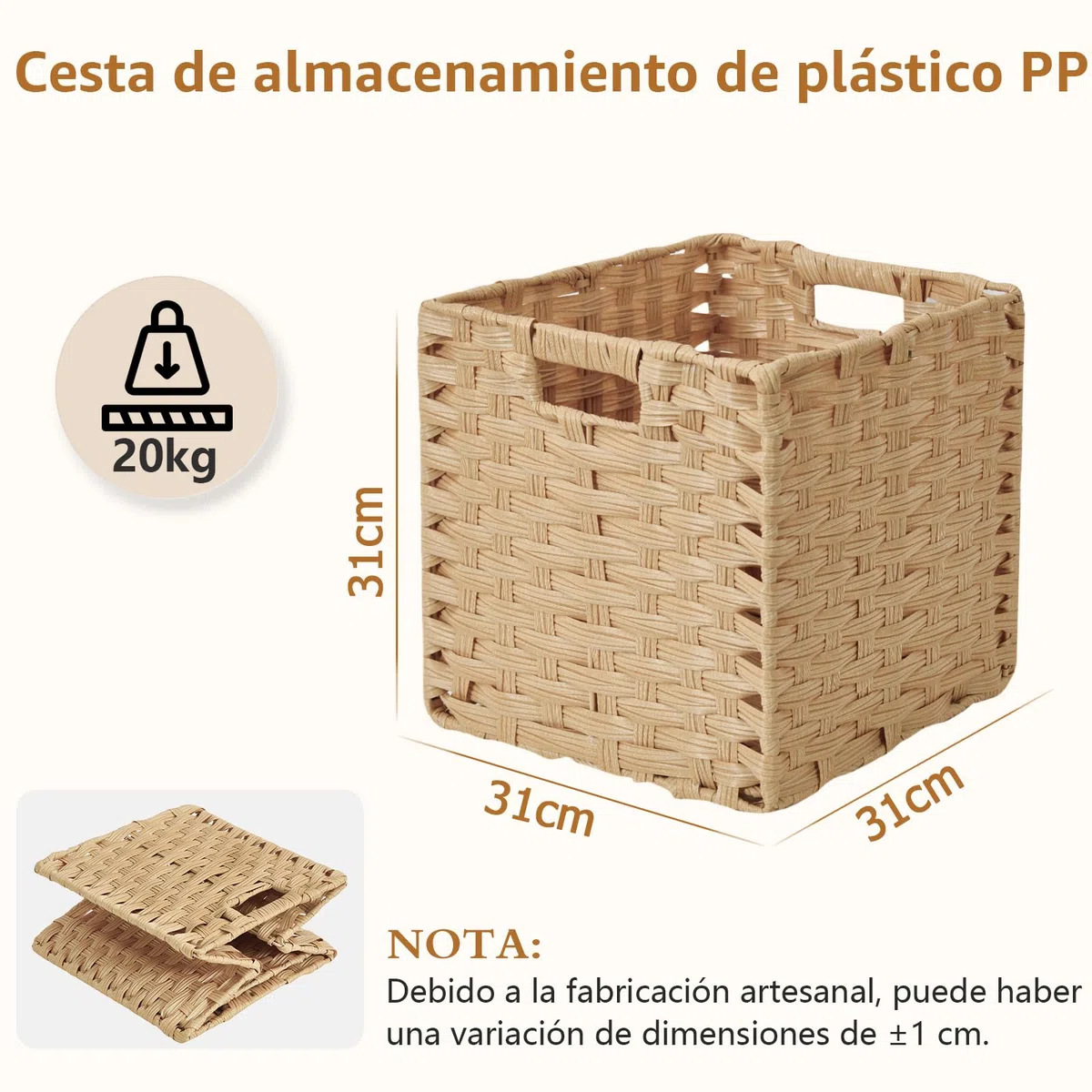Sagittar Cesta plegable trenzada de imitación de ratán, 31 x 31 x 31 cm, cesta de almacenamiento para despensa, armario, cesta de estantería, cubos, impermeable, no se mohosa, 2 unidades, color