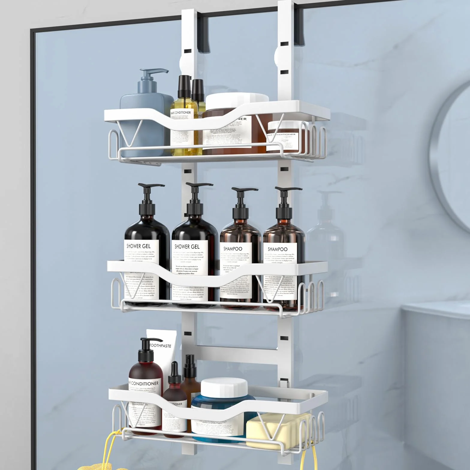 Estanteria Baño para Colgar, 3 Niveles Estante Ducha Ajustable, Estanteria Baño sin Taladro para Colgar en Puertas de Ducha de Vidrio (Blanco)