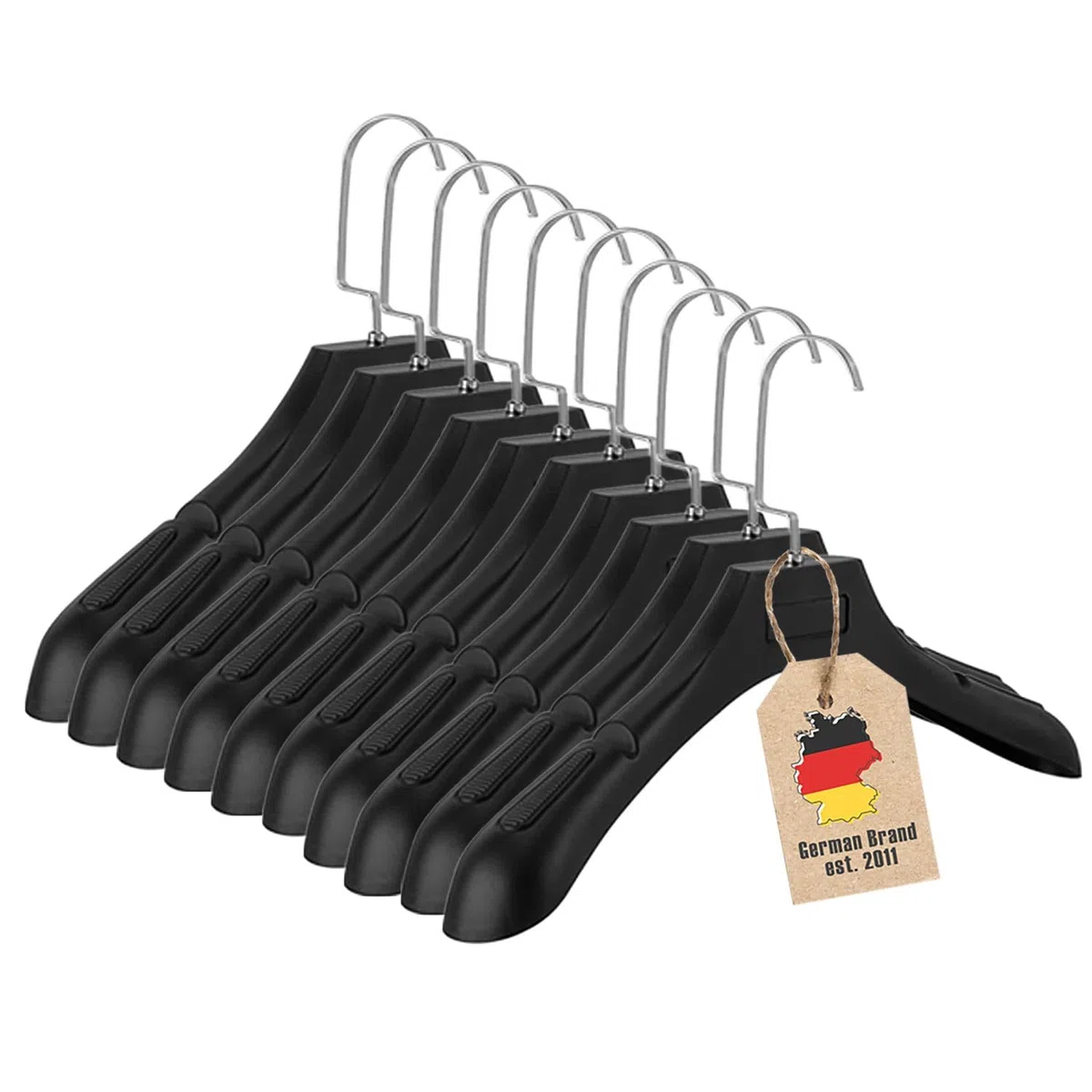Intirilife Perchas universales negras – 10 perchas anchas de plástico con superficie antideslizante – 39 x 4 x 15 cm – Percha para ropa sucia