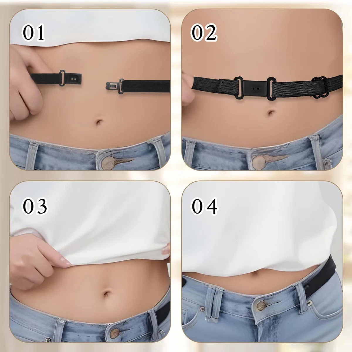 4 bandas elásticas ajustables para camisas, bandas para camisas de mujer, bandas de corte para camisas, Blanco/Negro, Talla única