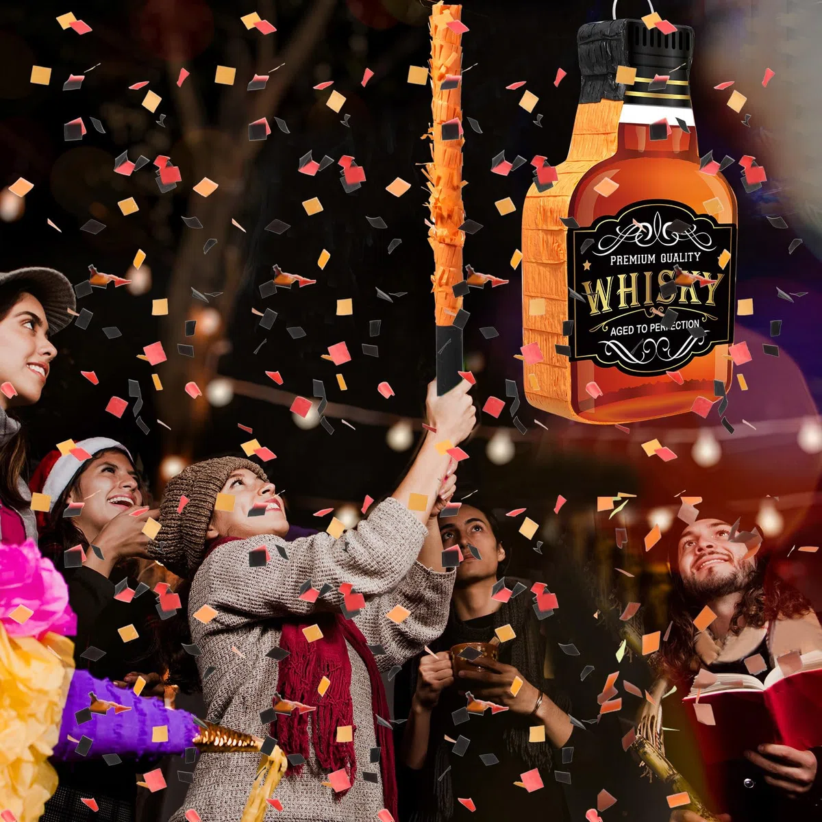 Panelee Piñata con Palo Venda de Ojos Borla Confeti para Adultos Piñata de Jarra Cerveza Botella Tequila Whisky Champán para Despedida Soltero Cumpleaños (Whisky)