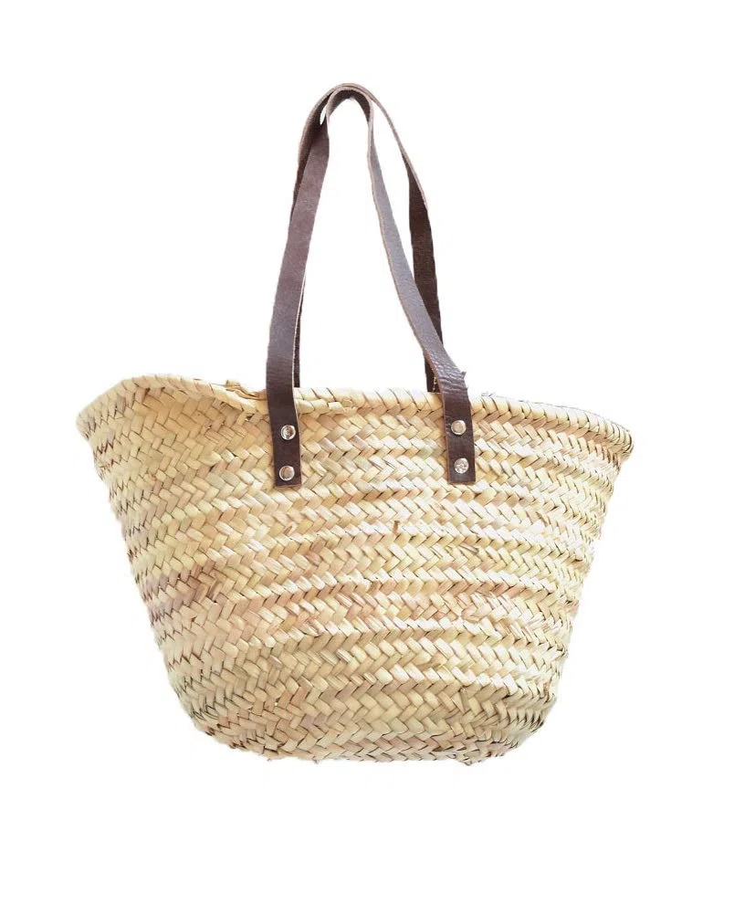 Capazo de Palma básico, cesta de fibras naturales, con asas larga de cuero curtido estilo rústico. Cesto o Bolso de mimbre para la playa (7V, aprox. 42x25 cm)