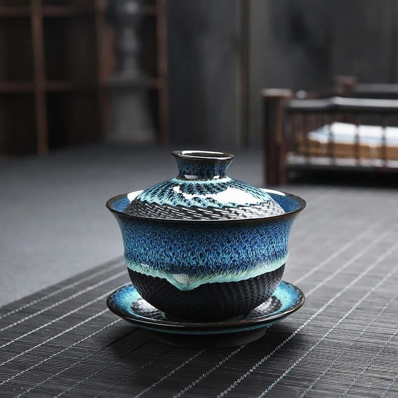 Kiln Gaiwan de cerámica esmaltada, taza de té de porcelana Kungfu, taza de té retro china, Sancai Gaiwan con platillo con tapa