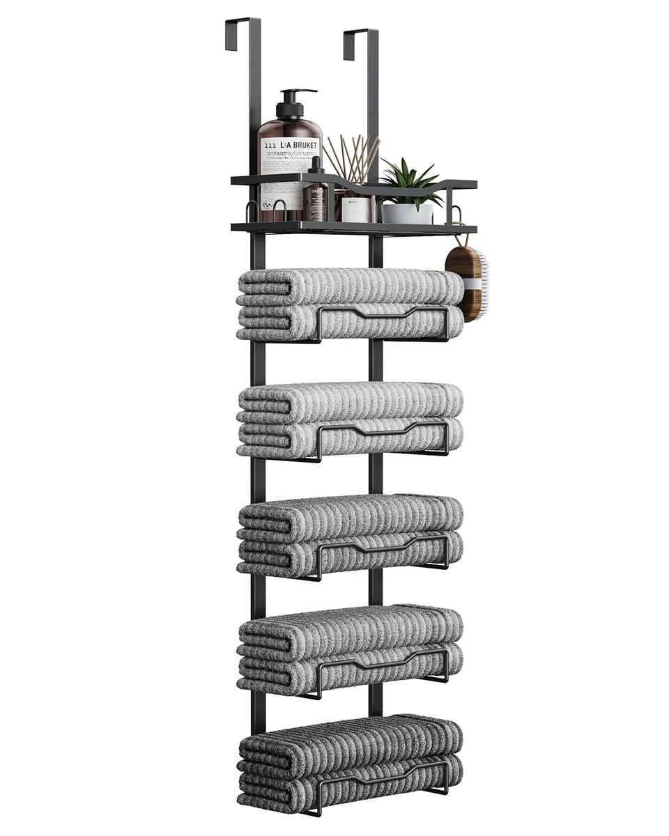 Toalleros Colgantes para baño, sin Taladro, Organizador de Almacenamiento de Toallas de baño sobre la Puerta, Soporte Vertical para Toallas enrolladas, Caravana, Ideas de baño pequeñas, Color Negro