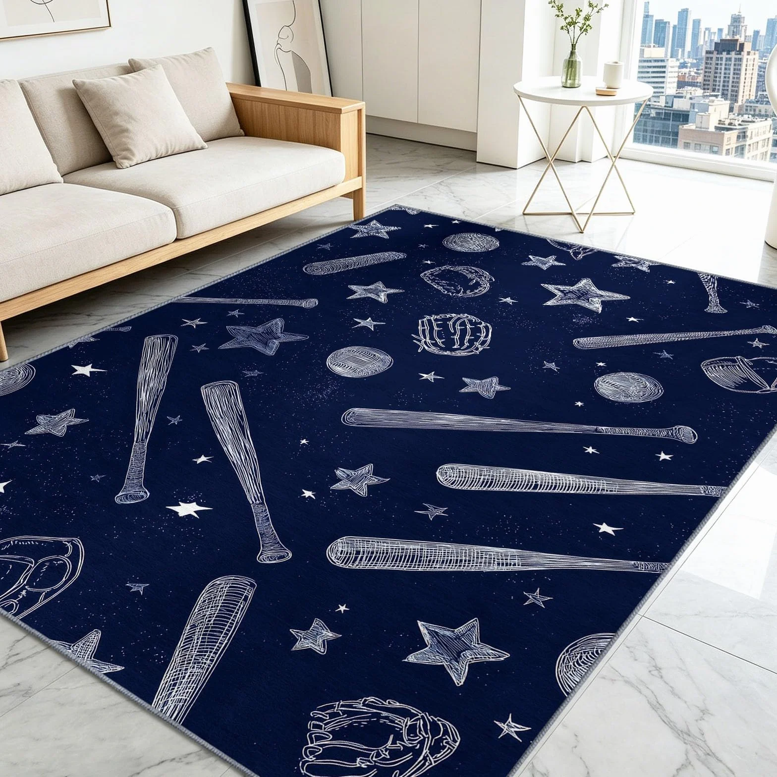 Sports Sketch - Alfombra antideslizante para sala de estar, 180 x 240 cm, alfombra de suelo lavable, diseño de estrella de béisbol