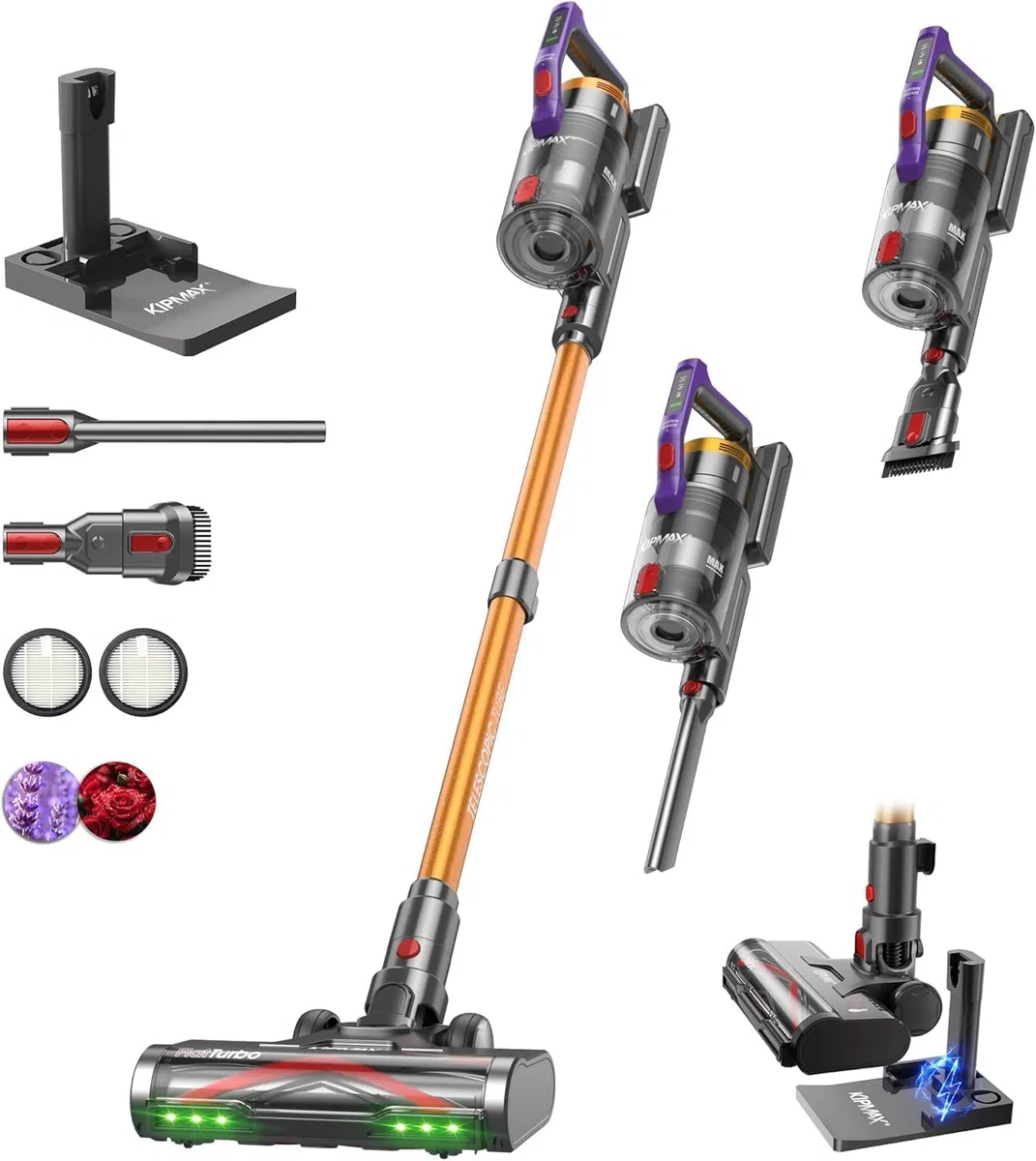 KIPMAX Aspirador Escoba Inalámbrico, para Suelos Duros, Alfombras, Animales y Coche, 550 W/50 KPa/70 Mins Aspirador Inalámbrico Potente, con Base de Carga y Almacenamiento, Perfumado, Cepillo