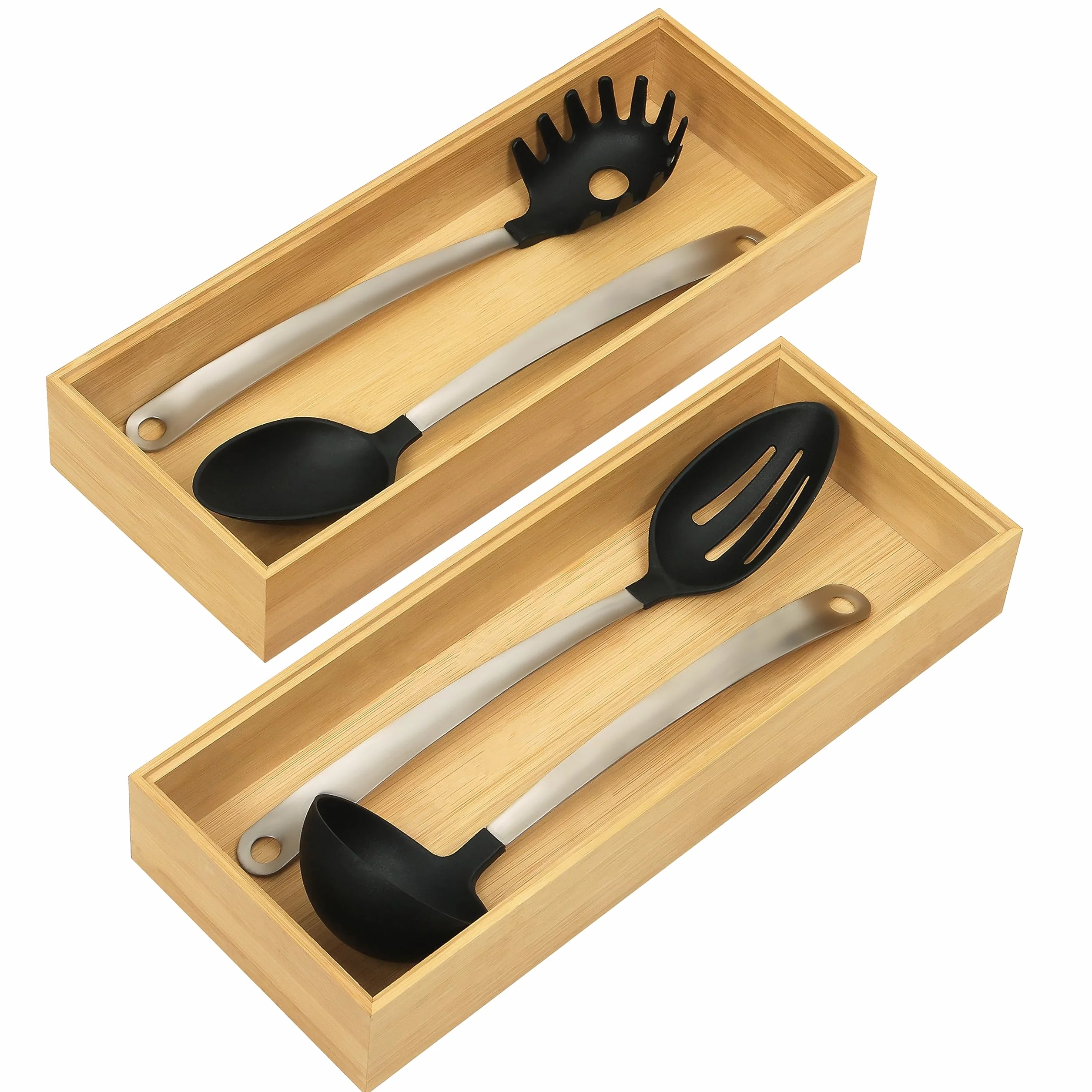 Winter Shore Organizador Cajones Cocina de Bambú [Pack de 2] - Bandeja Cubiertos Cajon de Madera Natural Apilables para Despensa - Guarda Cubiertos e Utensilios y Cubiertos - 15,5 x 6,5 x 38,5 cm