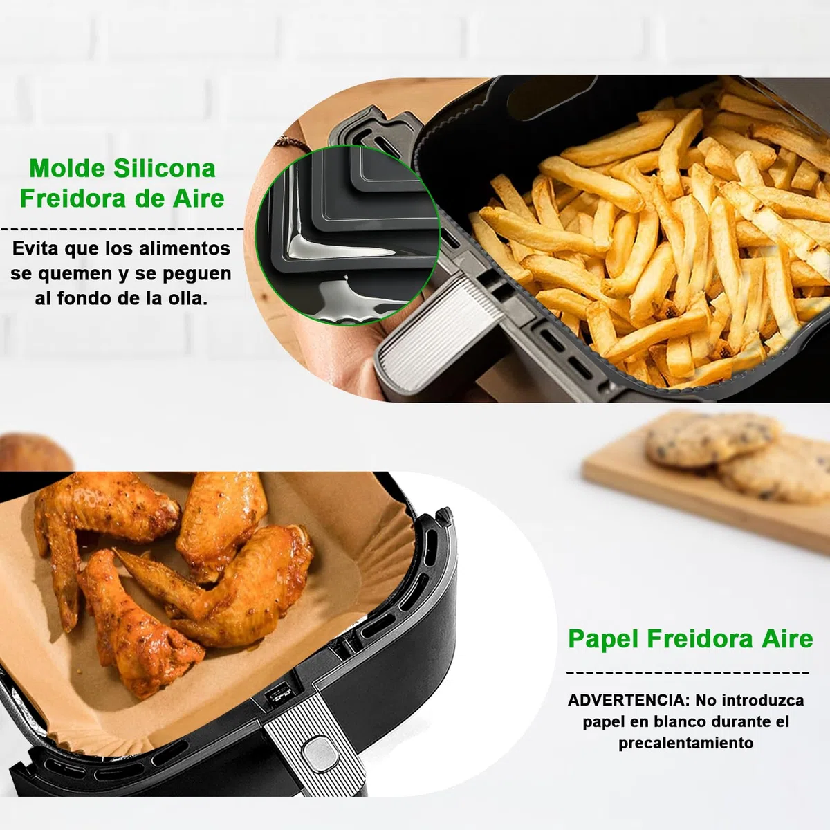 23CM Accesorios Freidora de Aire para COSORI 6L/6,2L/6,4L, Cecotec 7,6L, 4PCS Cuadrado Moldes para Freidora de Aire con Papel, Rejilla Multiusos, Bandeja para Pizza, Molde Silicona Freidora de Aire