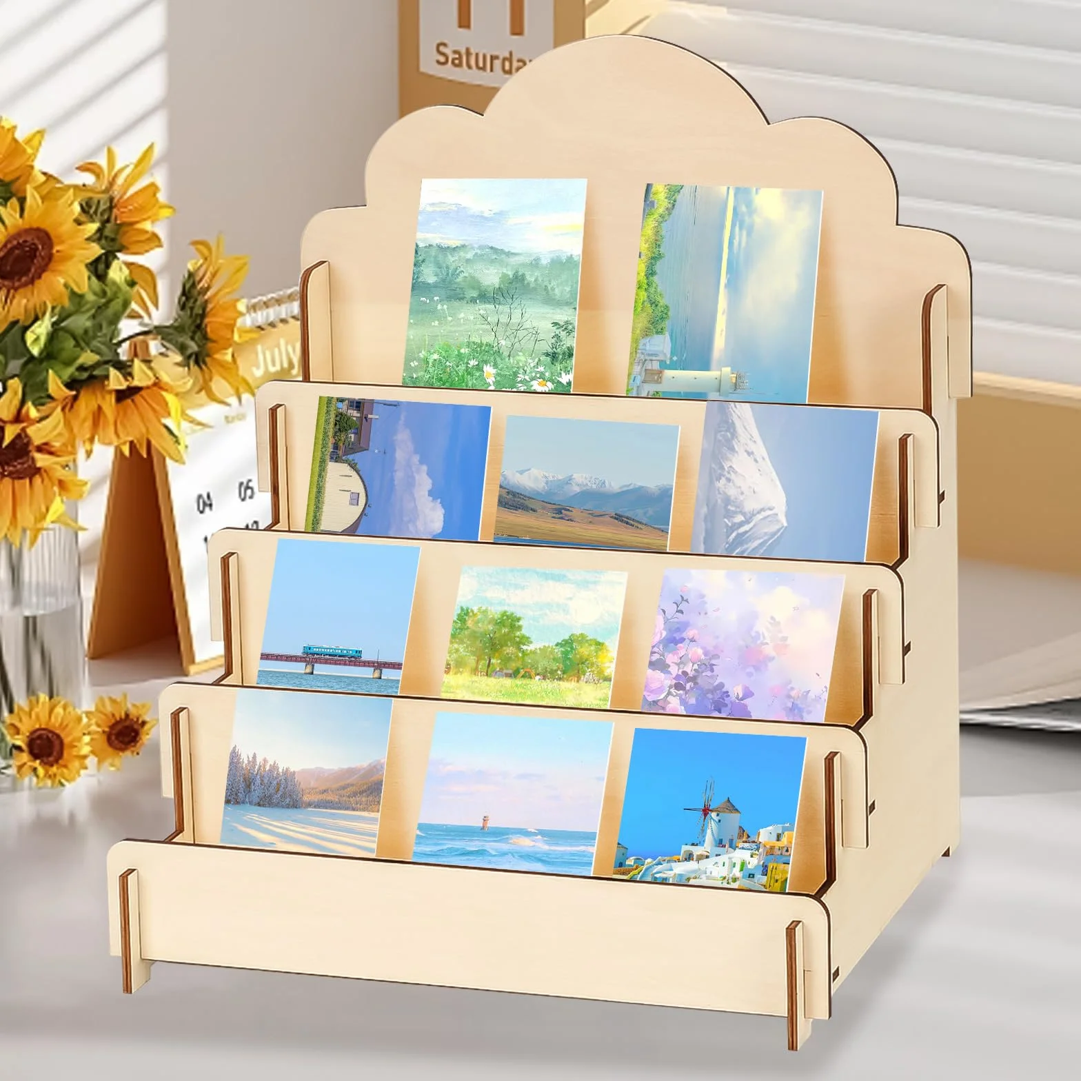 mumisuto Soporte de Exhibición de Tarjetas,Soporte de Exhibición de Pegatinas de Madera de 4 Niveles,Elevadores de Exhibición de Calcomanías de Madera para tarjetas, calcomanías, fotos, proveedor