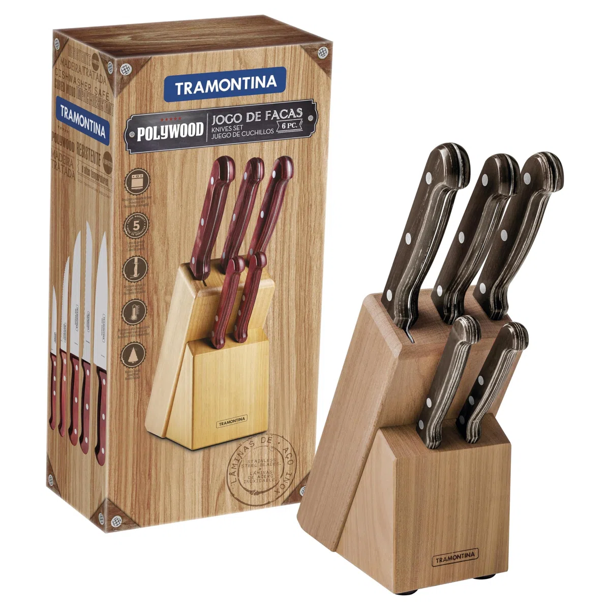 Tramontina Juego de Cuchillos de Acero Inoxidable y Mangos de Madera Tratada con Soporte de Madera Polywood Castaño 6 Piezas