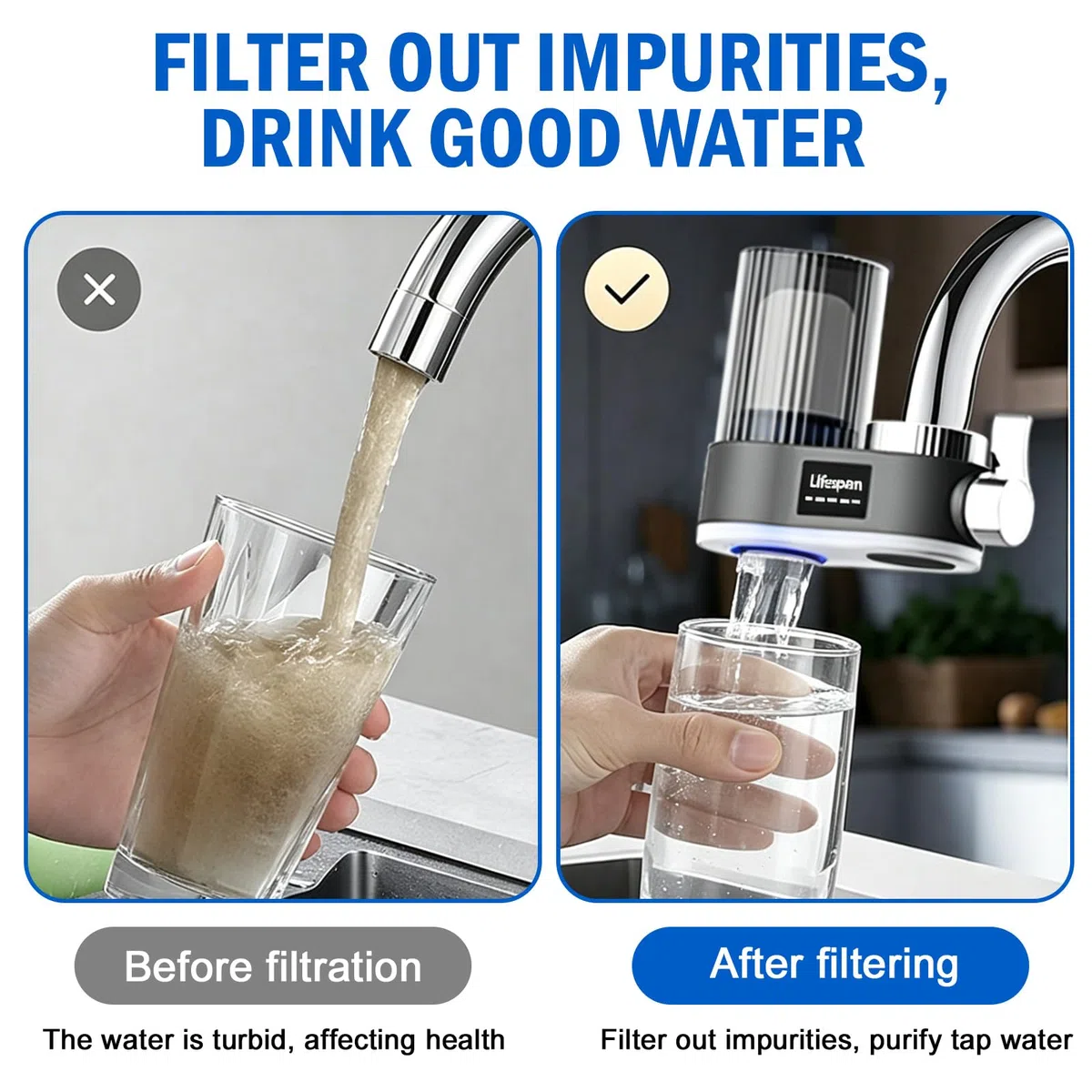Filtro de agua para grifo con indicador LED, filtro de agua potable, elimina el cloro, metales pesados, esterilización UV, filtro de agua del grifo (con 2 filtros) para cocina, viajes, mascotas