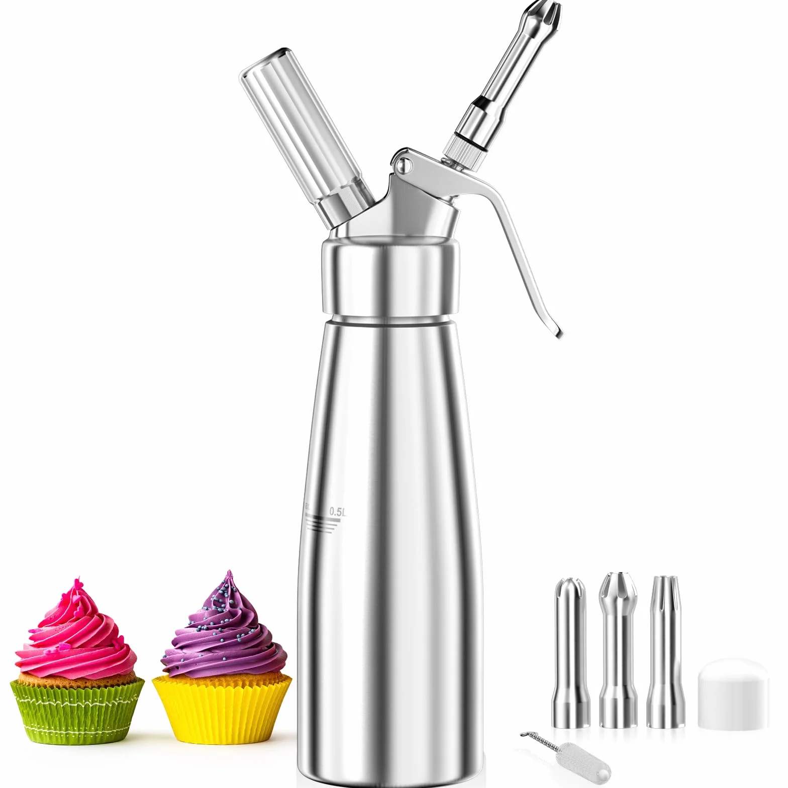 Fousenuk 500 ml Sifón de Cocina Espumas, Dispensador de Crema Aluminio con 3 Boquillas Acero Inoxidable y 1 Cepillo, Sifon de Nata para Decorar Pasteles de Cumpleaños, Pastelería, Helados y Postres