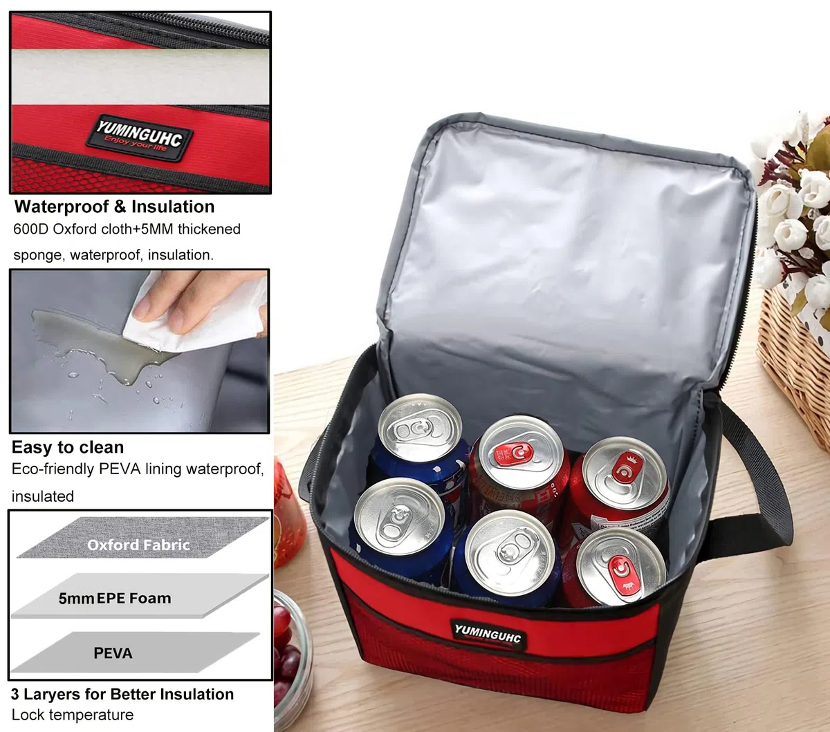 Lonchera térmica reutilizable de 5 L para hombres y mujeres, bolsa térmica para adultos, niños, trabajo, escuela, picnic (gris)