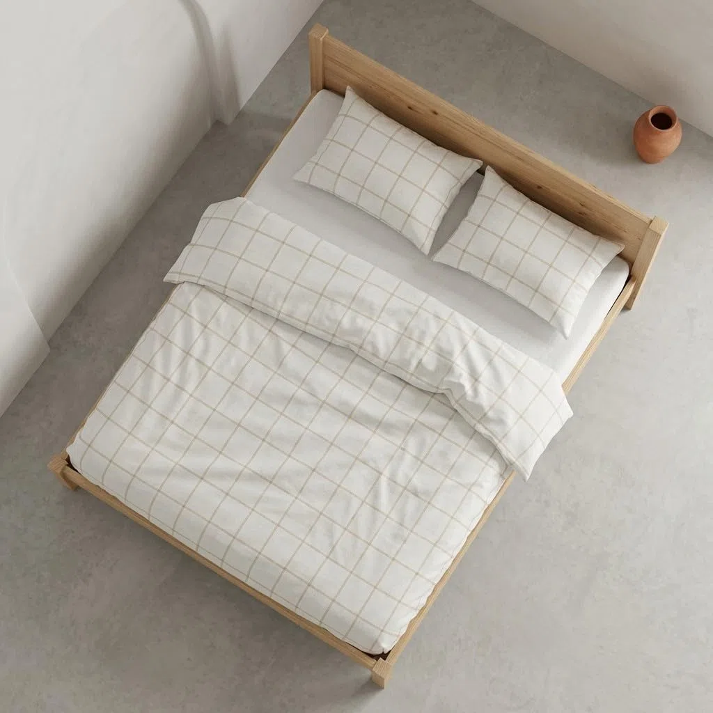 GAMUSI Juego Funda nórdica Cama 105 100% algodón - Funda Almohada 45x125 cm, Estampado Cuadro Ventana Beige