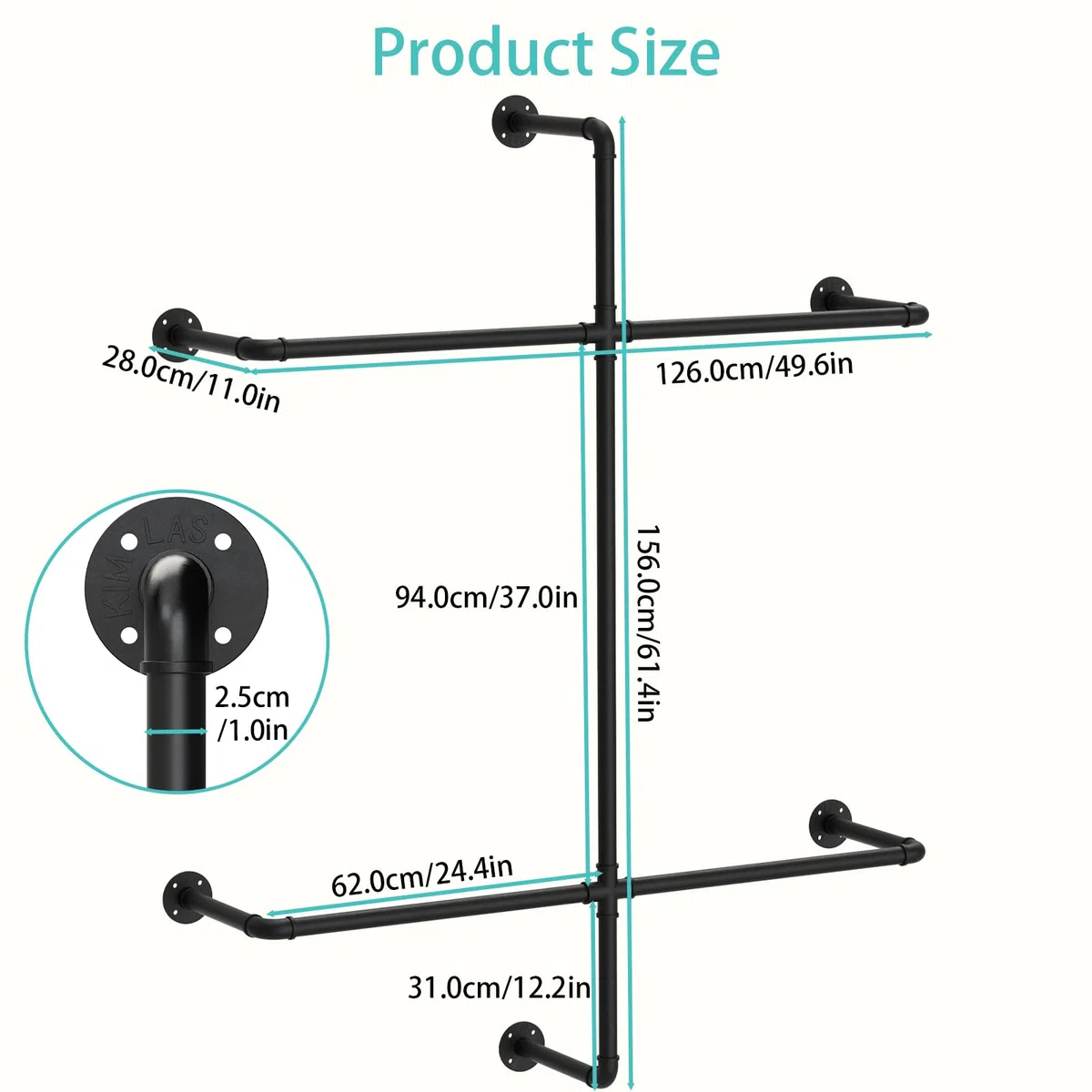 Yawinhe Barra Para Colgar Ropa de Pared,2 columnas Burro Ropa,Negro | Armario Abierto,Perchero Industrial Resistente;Barra Perchero de Tubos Metálicos para Dormitorio,para Tienda de Ropa