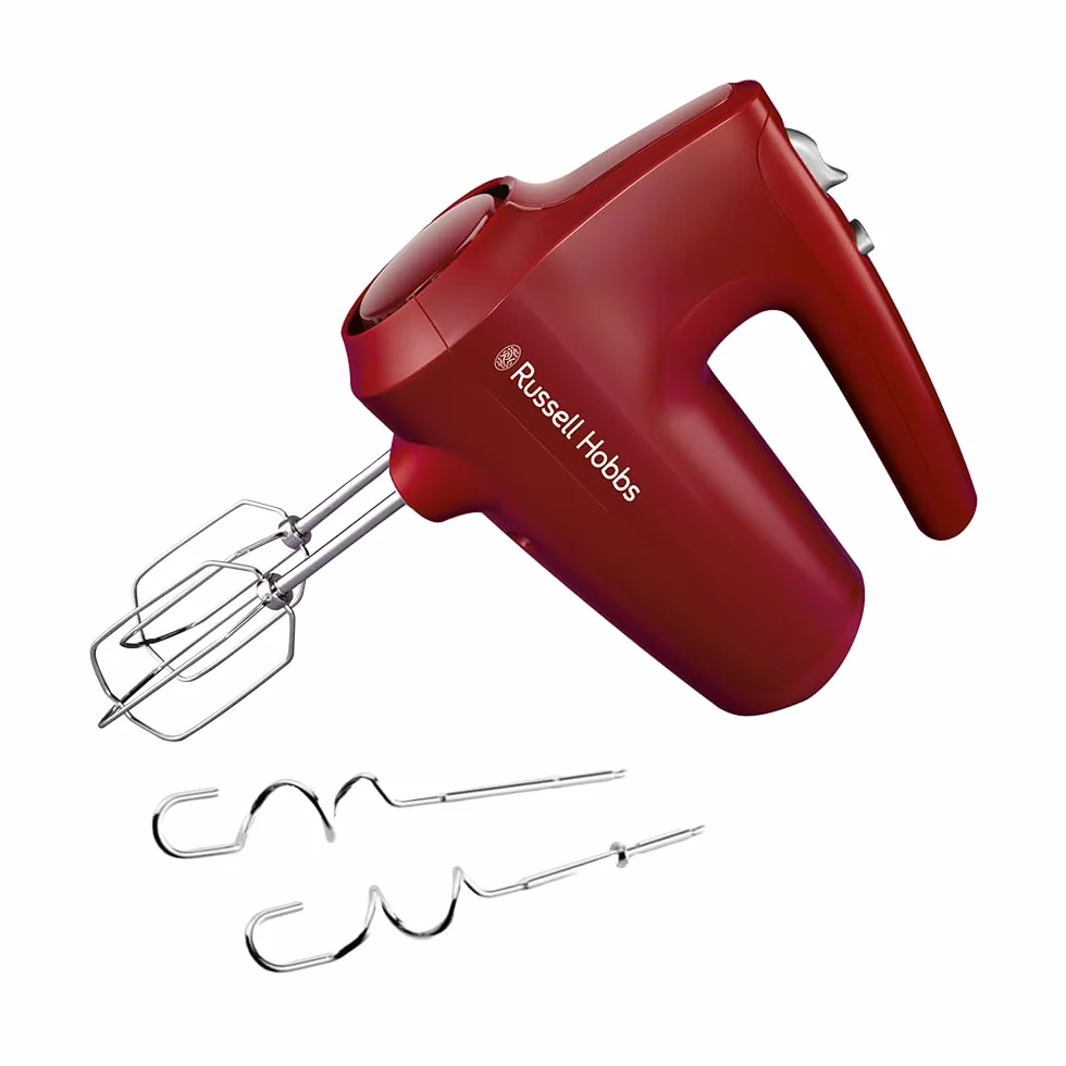 Russell Hobbs Batidora Amasadora Desire Red (5 Velocidades + Turbo, 350 W max, Para repostería, 2 Accesorios Inox para Batir y Amasar, Aptos lavavajillas, Reposa Base) 27152-56