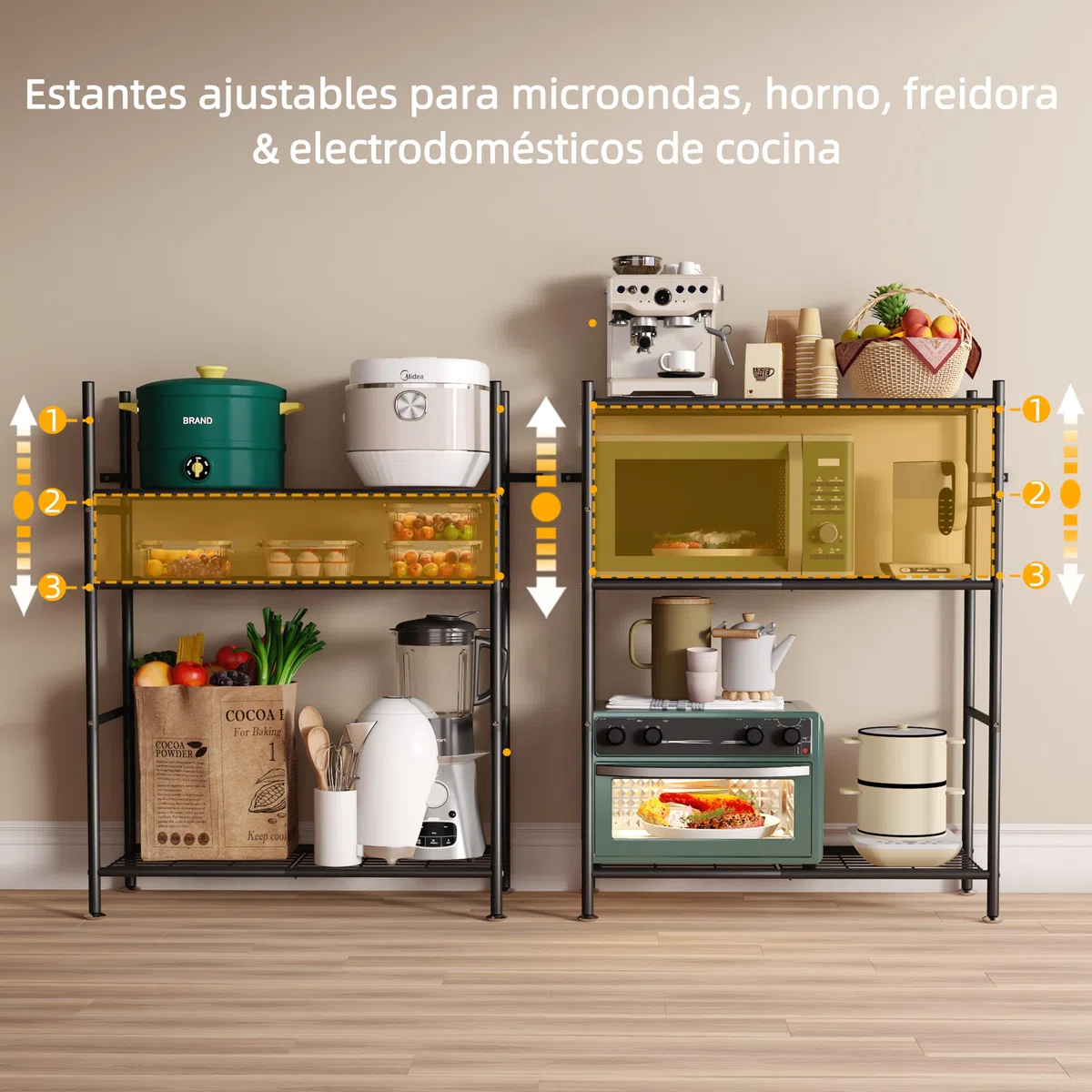 NETEL estanterias almacenaje Cocina de 3 baldas，estanteria Metalica,Altura de los estantes Regulable,Storage Shelves con 4 Ganchos,84 × 32 × 182 cm (L × An × Al)，Negro