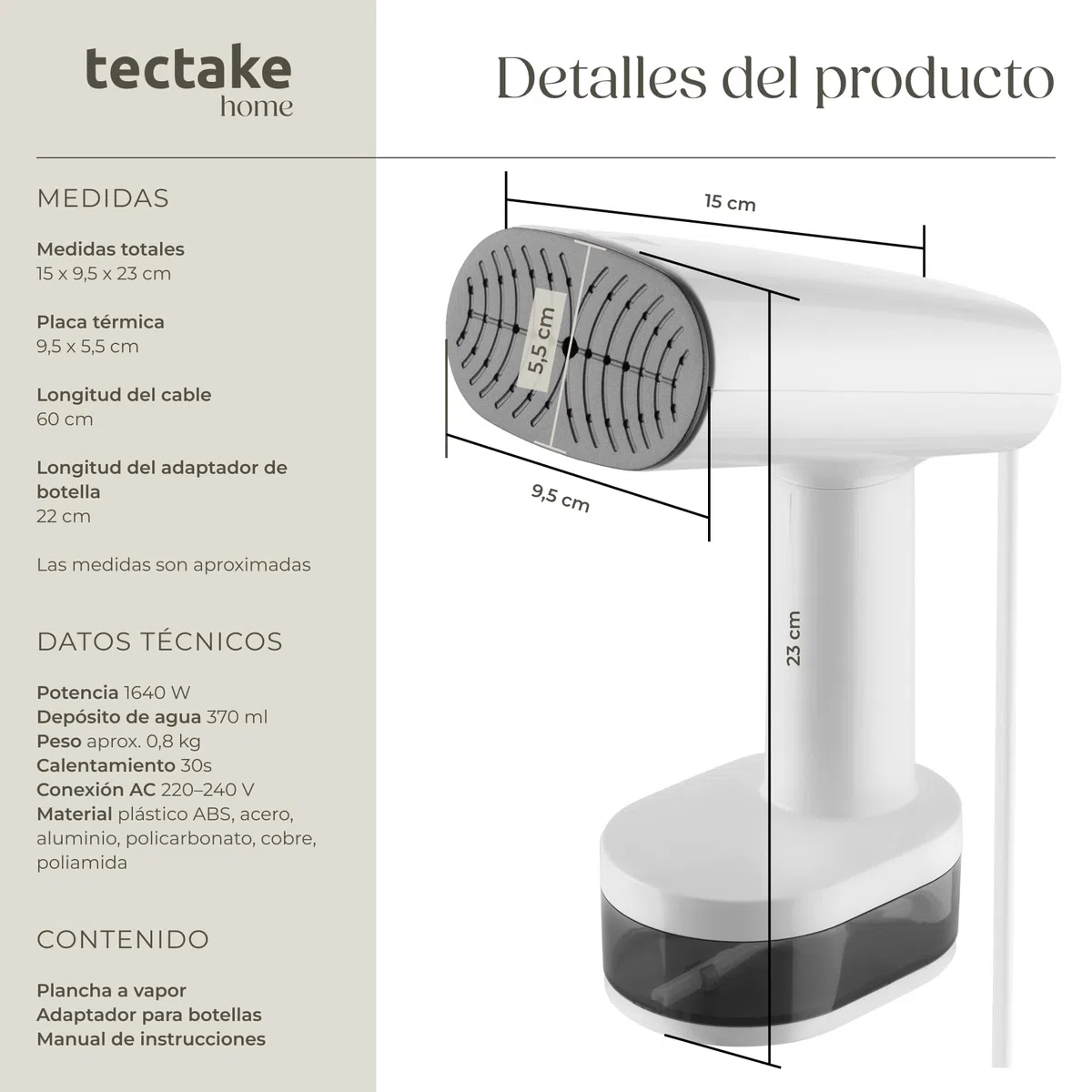 tectake® plancha vertical vapor, 1640W, 370ml depósito de agua, 3 modos de vapor, plancha de viaje, plancha vapor ropa, calentamiento en 30 segundos, plancha ropa vertical - Blanco