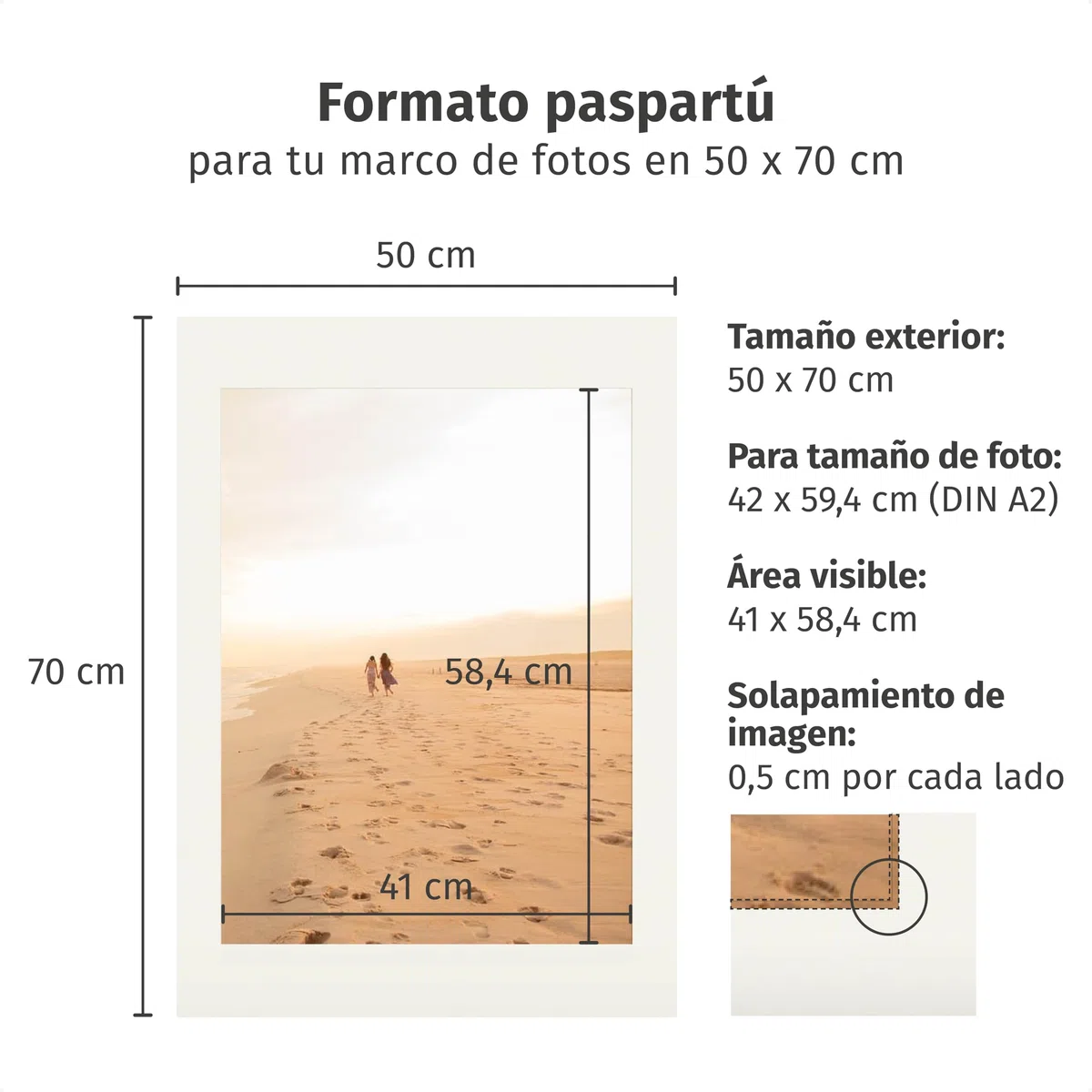 Paspartú 50x70 cm Dimensiones Exteriores - para Formato de Imagen A2 (42x59,4 cm) - Grosor 1,5 mm - Color Blanco Crema