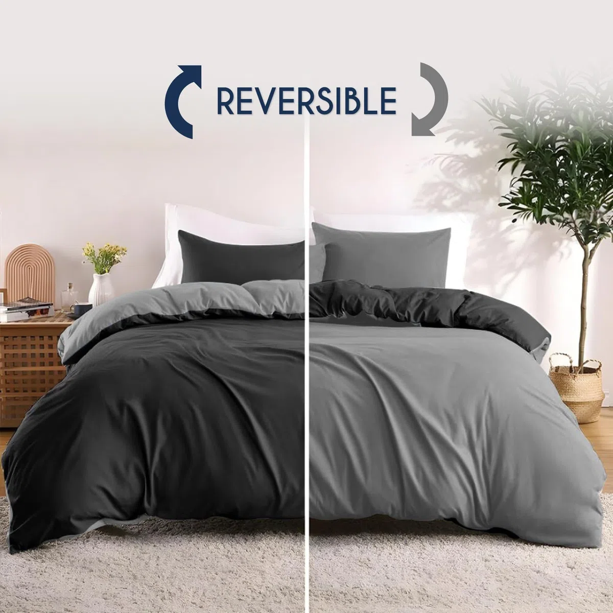 Dreamzie Funda Nordica Cama 240x220 cm con 2 Funda Almohada 50x70 cm - Negro/Gris Oscuro - Funda nordicas 240x220 de 100% Microfibra. Funda Nórdica Certificada sin Productos Químicos