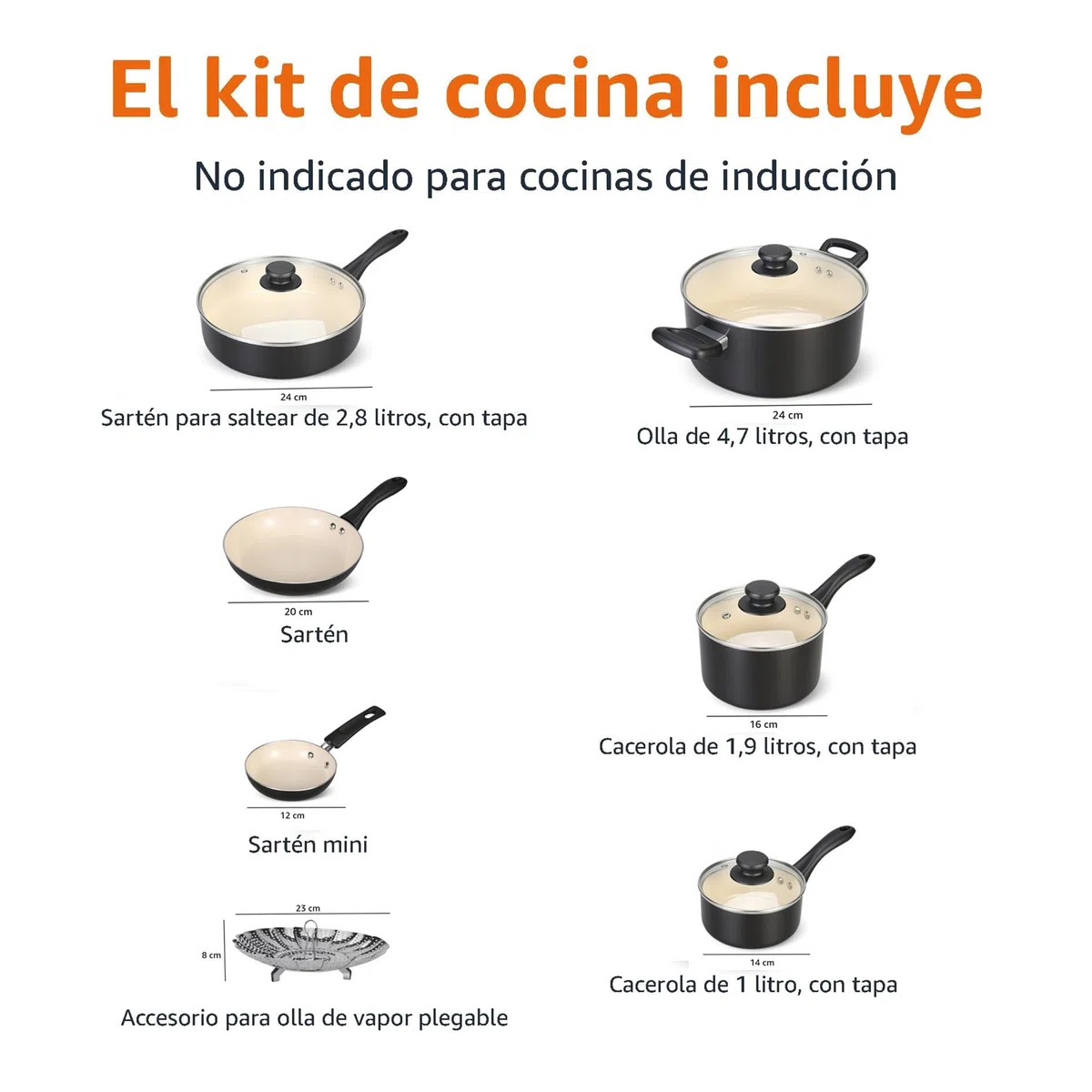 Amazon Basics Juego de ollas y sartenes, de cerámica, antiadherente, 11 Unidad, Negro/Crema