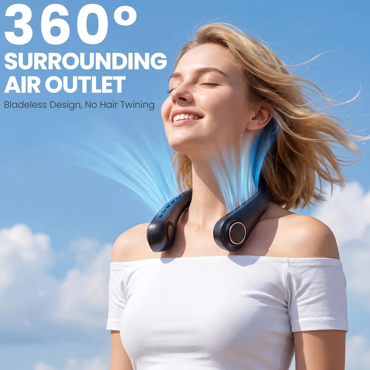 Ventilador de Cuello Portátil 3 velocidades Ventilador Cuello Recargable Sin Hojas Silencioso Mini Ventilador Portátil de Cuello para Interior Oficina Viajes Camping Deportes