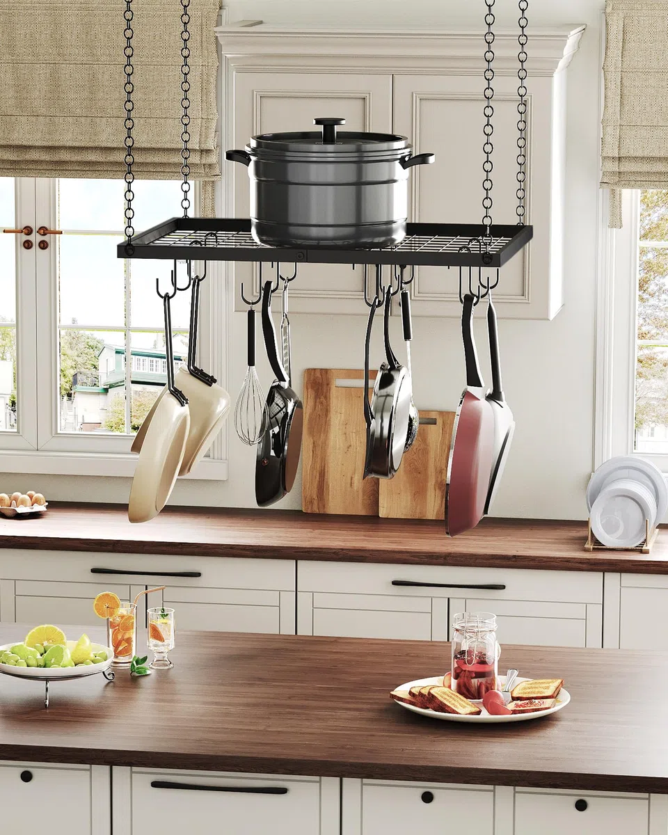 CHOEZON Estante colgante para ollas, colgador de ollas montado en el techo para cocina, organizador de almacenamiento de utensilios de cocina de metal con 12 ganchos, para almacenamiento de utensilios