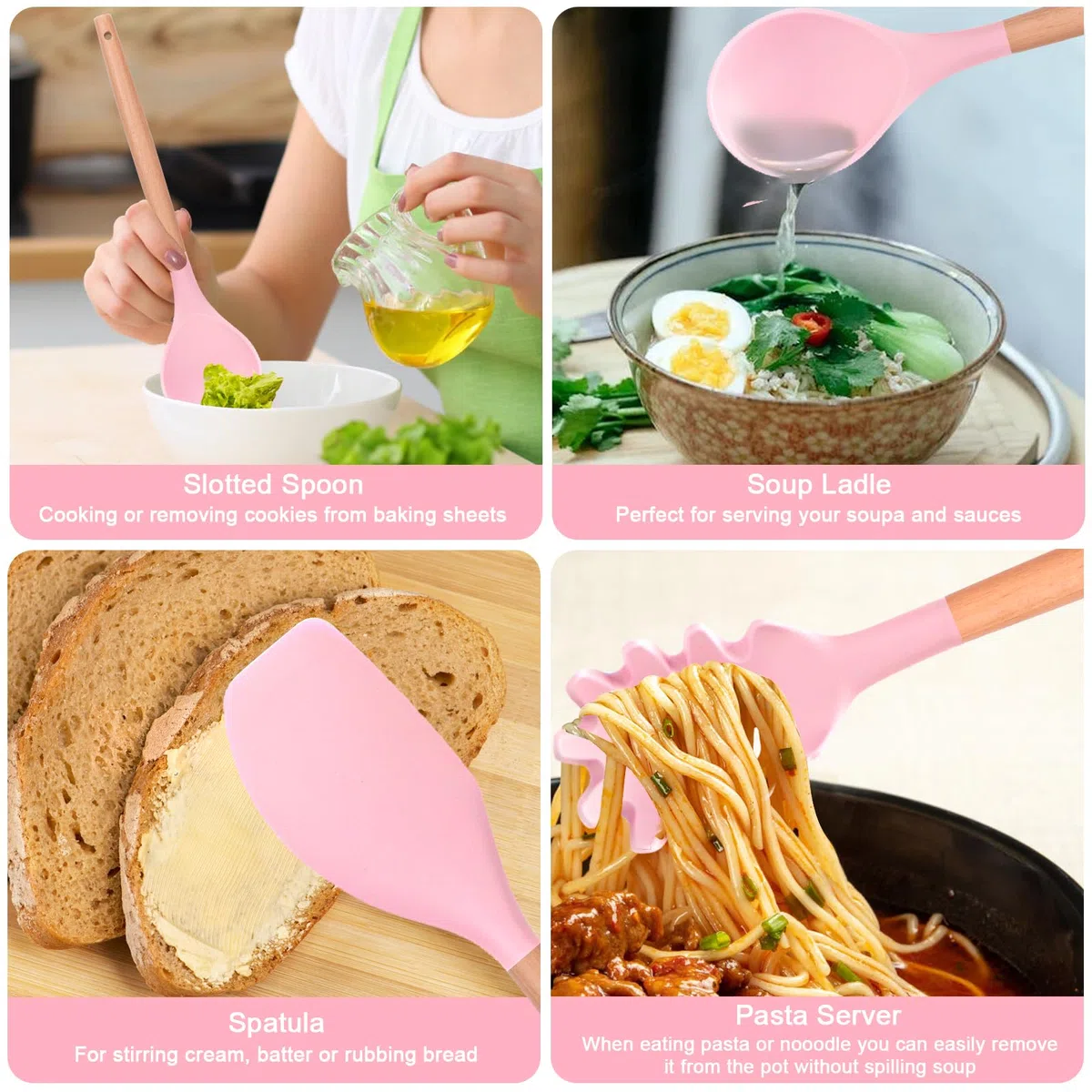 Utensilios Cocina de Silicona, 29 piezas juego de utensilios de cocina de silicona de con soporte para utensilios, mango de madera antiadherente resistente al calor (Rosa)