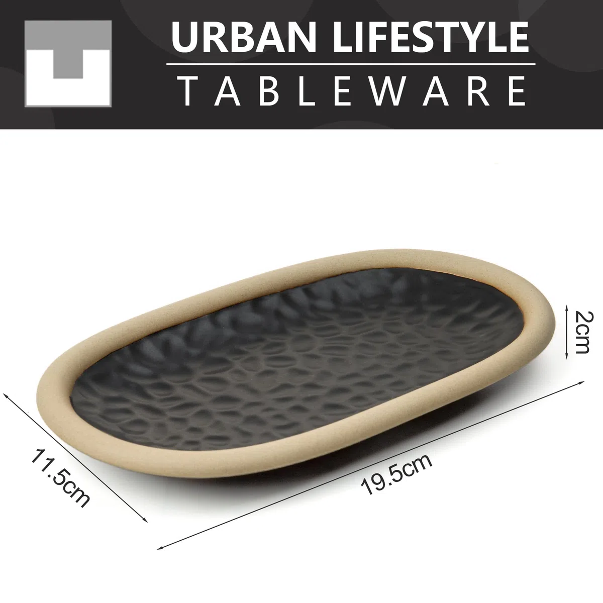 Urban Lifestyle Platos de Postre Ovalados Set de 4 Negro 19,5 x 11,5 cm Platos de Tapas de Cerámica Rústicos de Gres Platos Pequeños Platos para Aperitivos Aptos para Lavavajillas