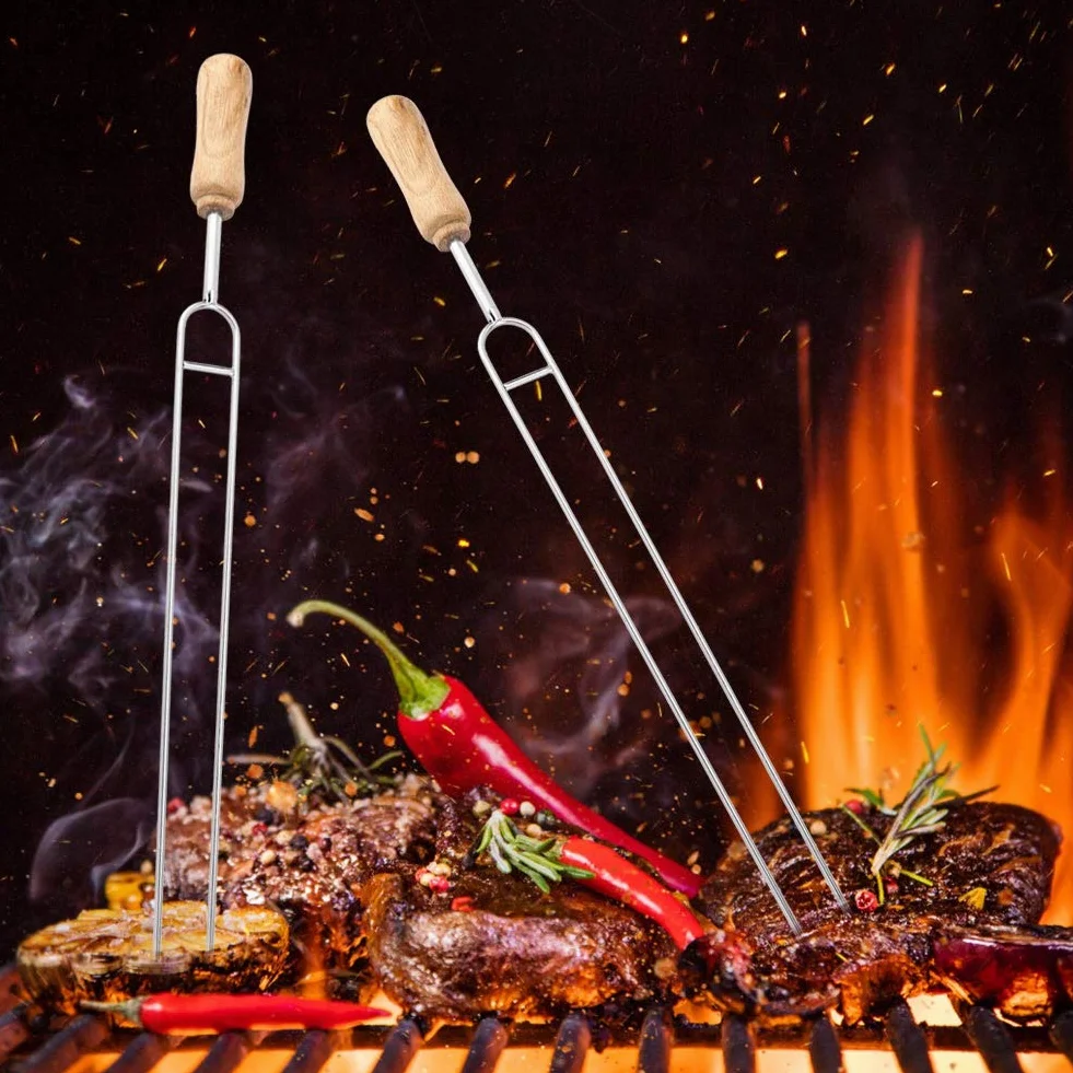 Acero Inoxidable Grill Tenedor Mango De Madera En forma de U Asado A La Parrilla Aguja Pinchos Tenedores para Picnic Al Aire Libre Camping Barbacoa