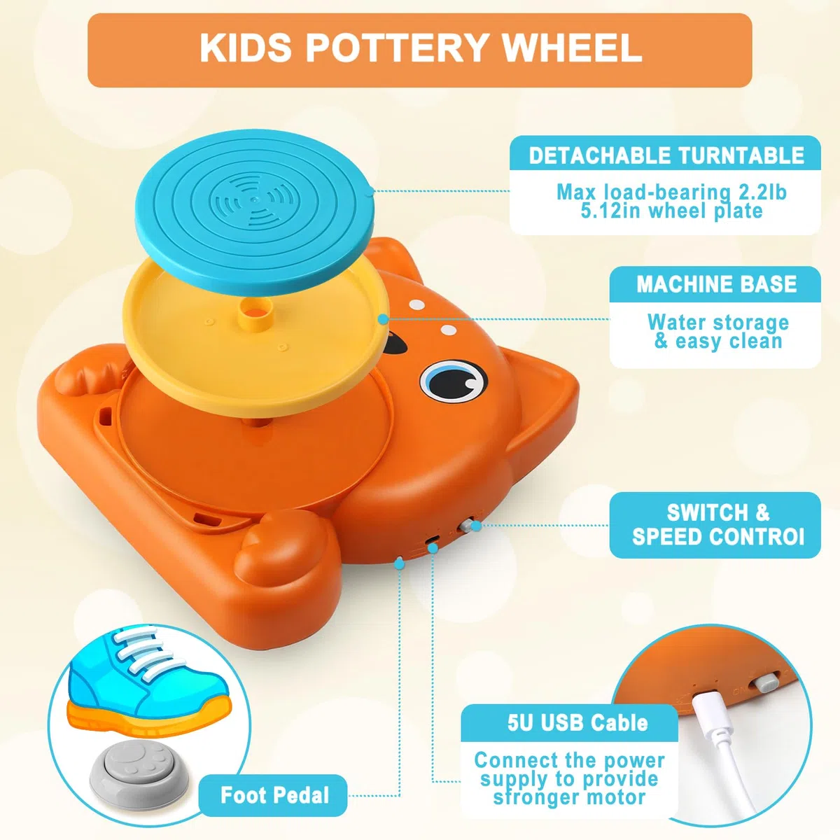 Set De Cerámica para Niños,Set de Cerámica para El Hogar,Mini Torno de Alfarero Eléctrico con Arcilla,Colores,Set de Manualidades Creativas en Cerámicas para Niños a Partir de 6 Años - Naranja