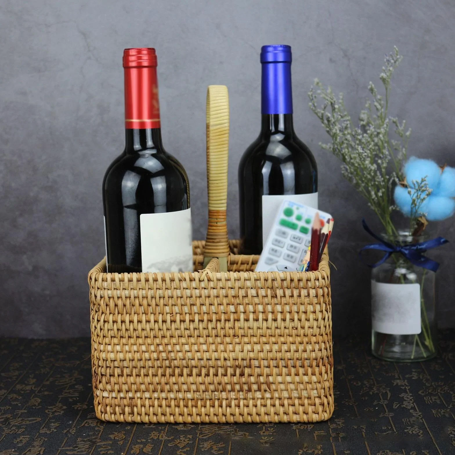 Porta Cubiertos Cesta Organizador Portátil Almacenaje para Utensilios de Mesa Rattan Natural Diseño Artesanal Adecuado para Cocina Camping Mesa Del Co , Cuadrado grande