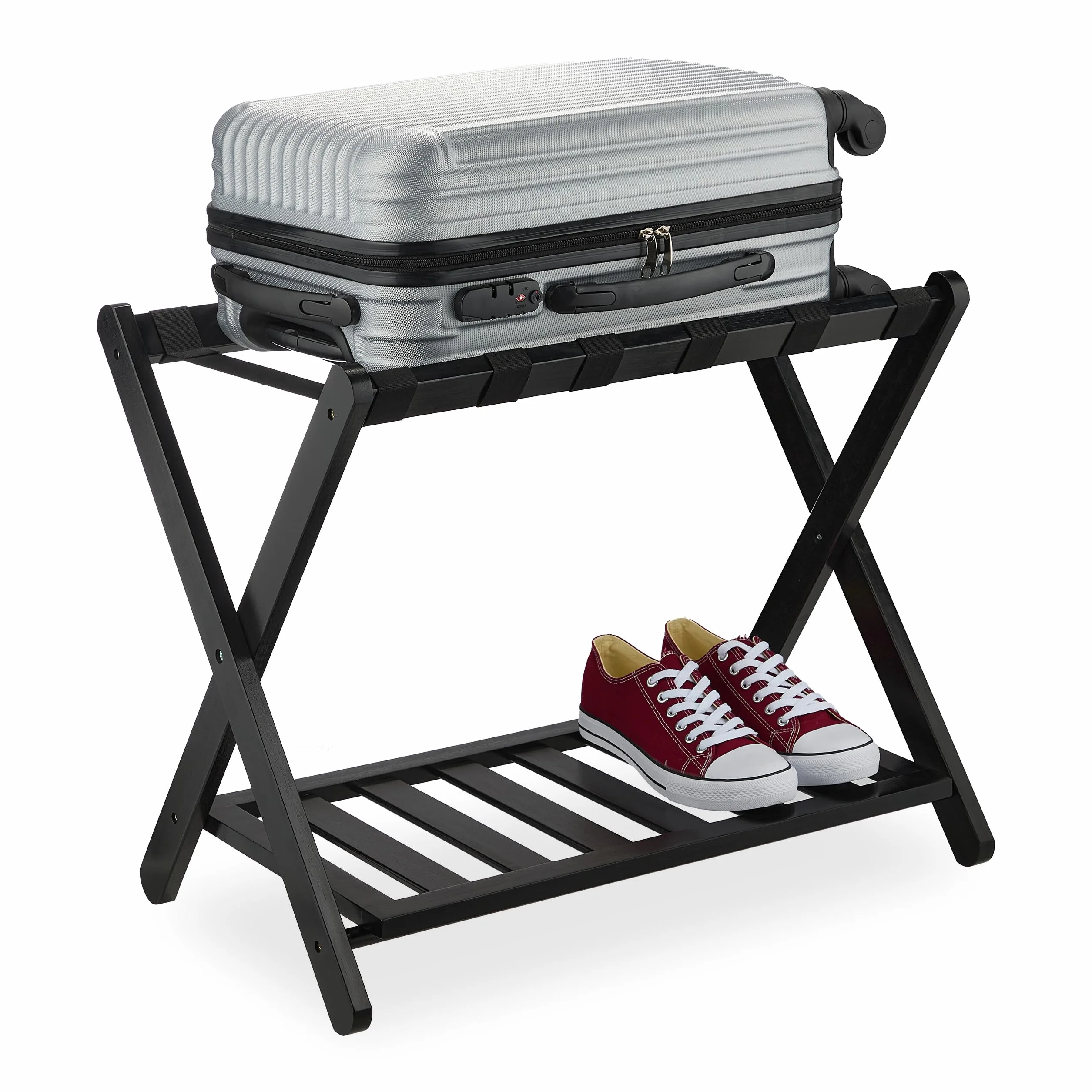 Relaxdays Soporte para Maletas, Plegable, 56 x 68,5 x 41,5 cm, Portamaletas para Hotel con Balda, Reposamaletas, Negro