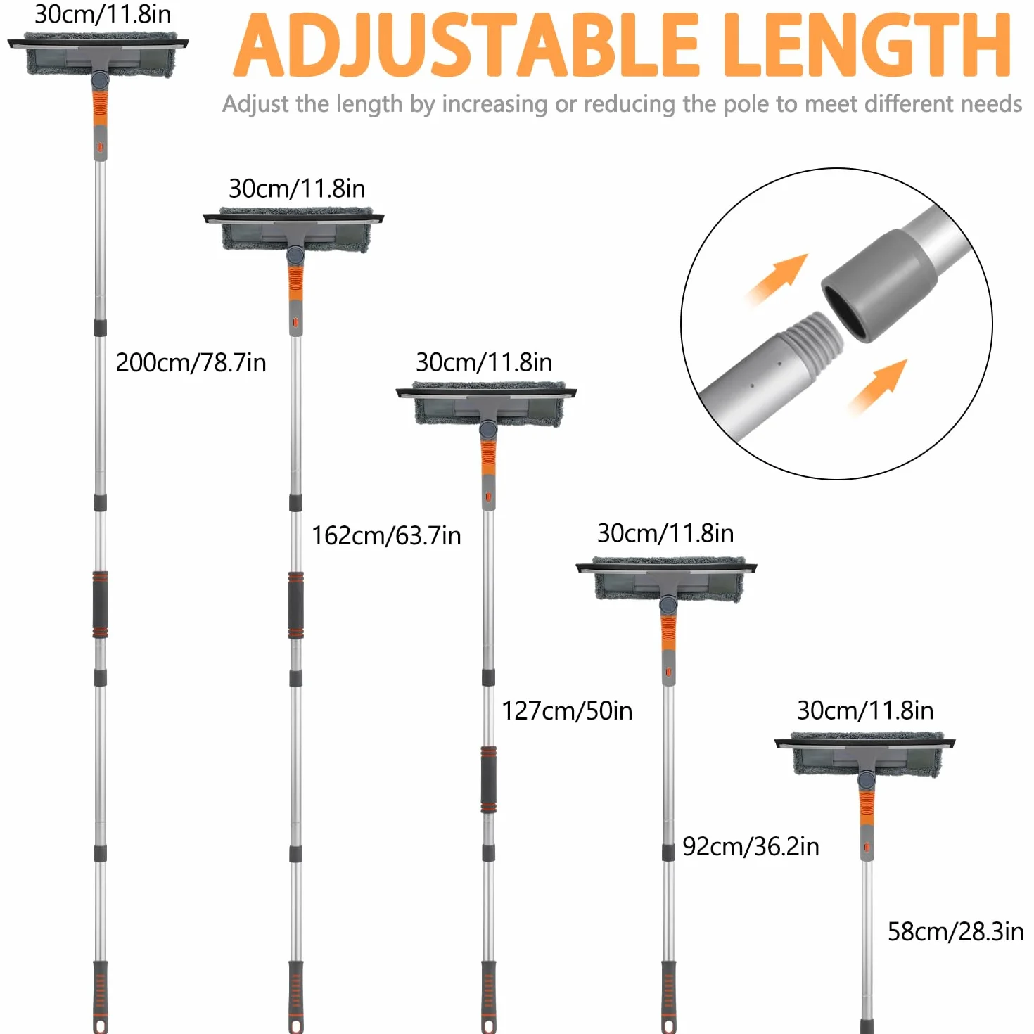Tendak Limpiacristales Telescópico, 3 en 1 Limpiador de Vidrios de Ventana Profesional con Mango Telescópica, Extensible Enjugador de Ventanas de 23-200cm para Ventanas Altas Interiores y Exteriores