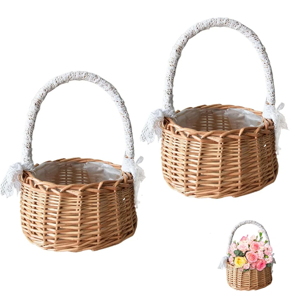 2 Piezas Cesta De Mimbre Cesta De Flores, Cestas Infantiles De Flores De Boda, Cesta Dama De Honor Trenzadas, Cesta Para Comuniones, Decoración De La Mesa De Boda De La Cesta Del Arte