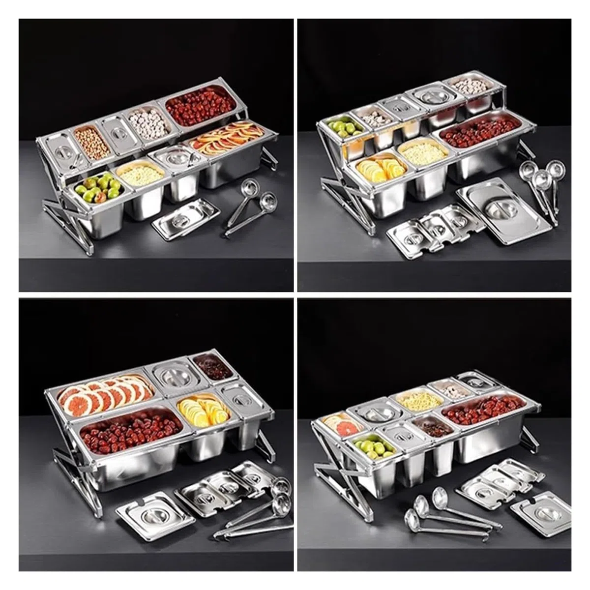 Estadísticas transparentes para pizza, 3 unidades, con tapa de cuchara, 2 filas, para condimentos, plateadas, 63 x 22 x 43 cm