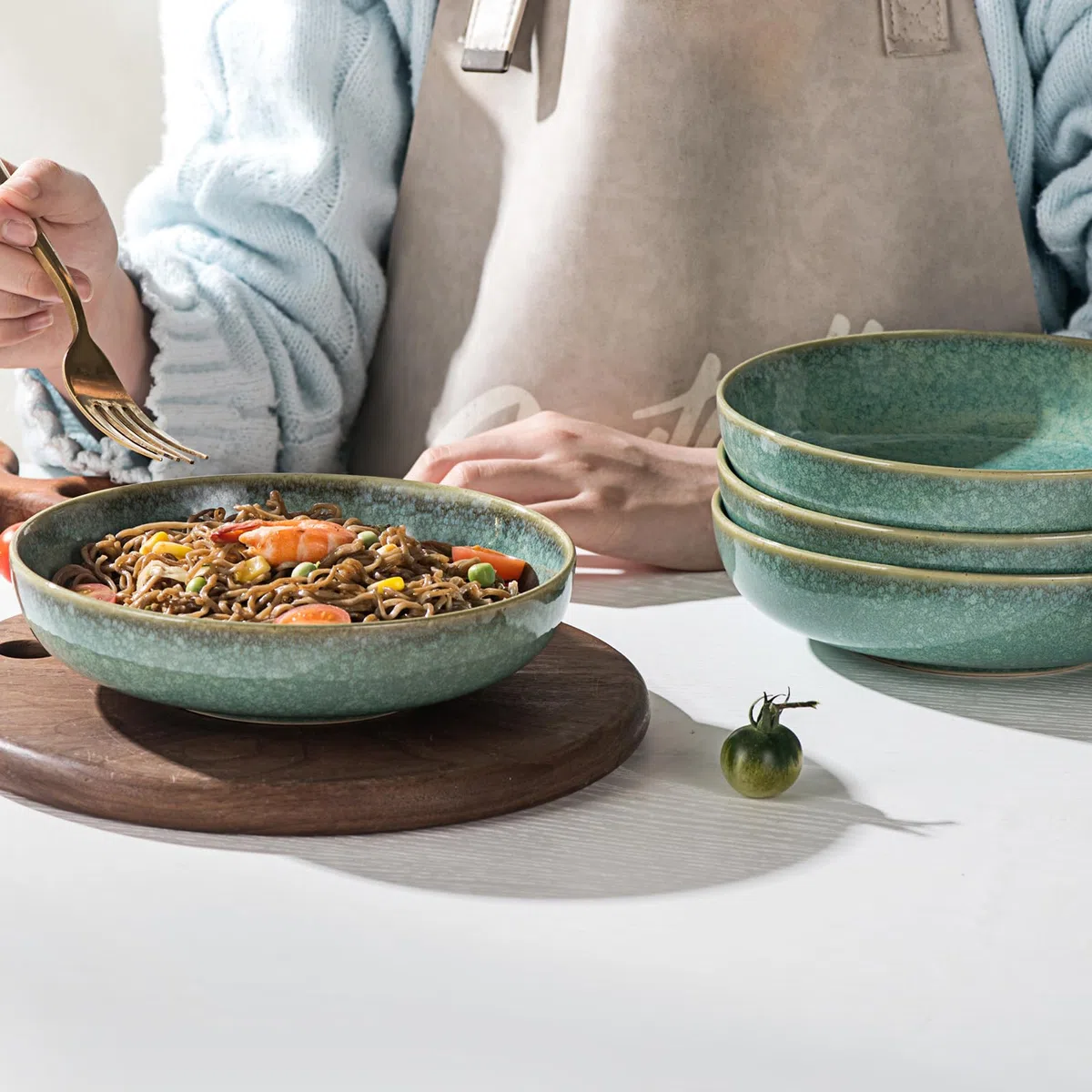 HENXFEN LEAD cuencos para pasta, sopera de cerámica de 740 ml, juego de 4 ensaladeras de porcelana, verde brillante