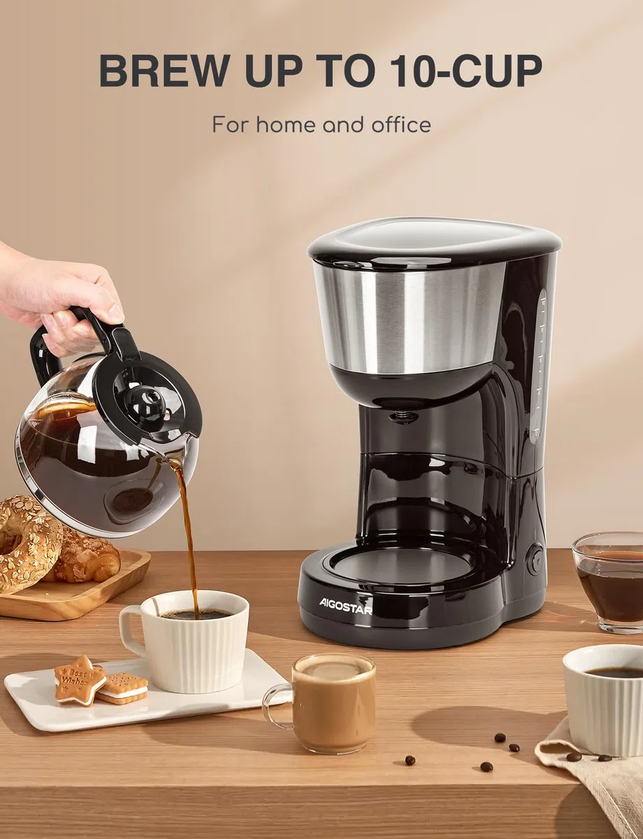 Aigostar Chocolate - Cafetera de Goteo de 1000W, Capacidad 1,25L (10-12 Tazas), Función Mantener Caliente y Sistema Antigoteo, Filtro Permanente Reutilizable y Lavable, Libre de BPA, Negro