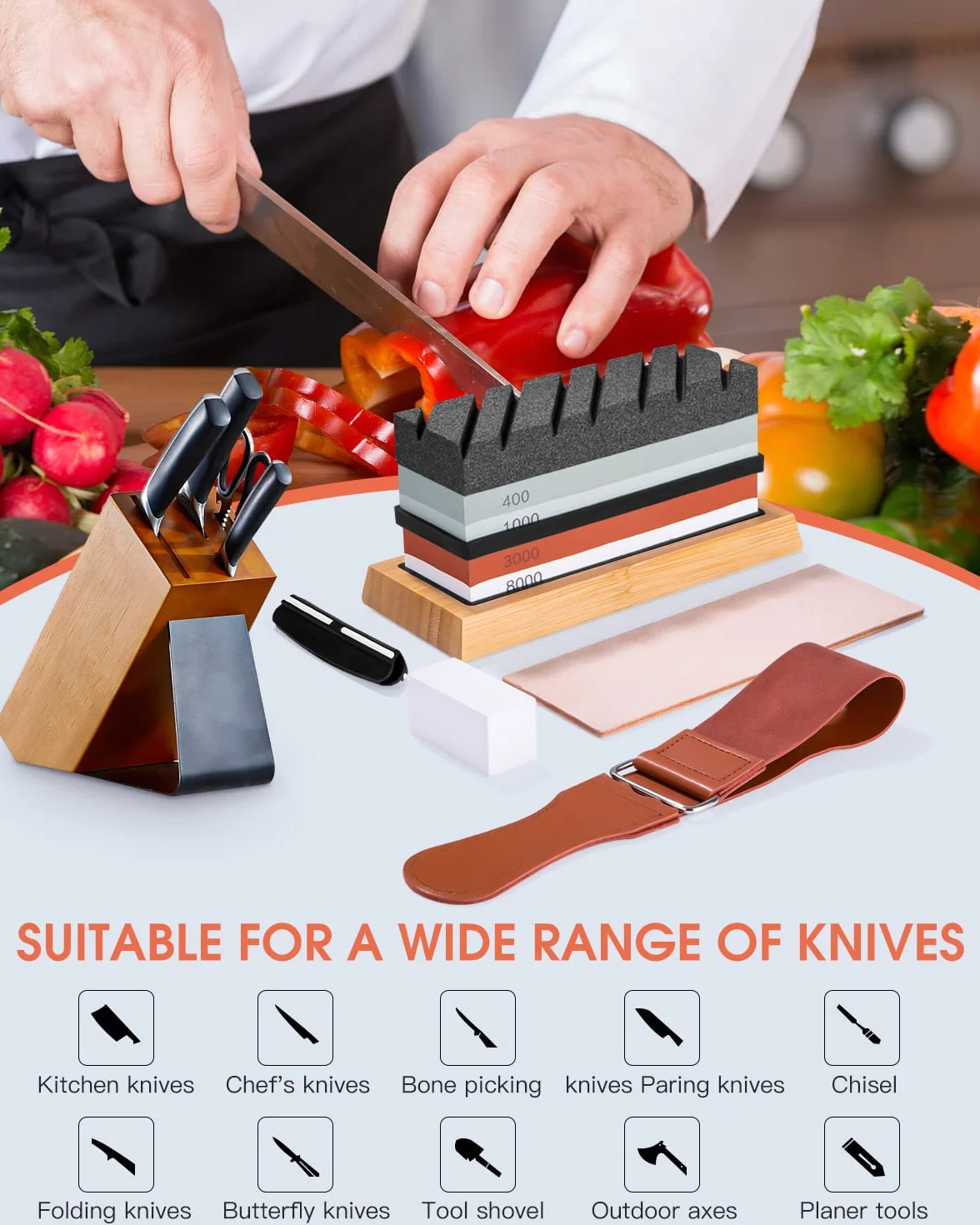 Profesional Piedra Afilar Cuchillos, Kit de Piedra de Afilar 400/1000 3000/8000 Grit para Cuchillos de Cocina, Con Base Antideslizante de Bambú, Guía de ángulo y piedra de aplanamiento