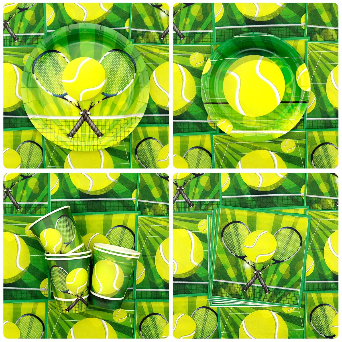 Decoraciones de fiesta de cumpleaños de tenis – Accesorios para fiestas de tenis incluyendo decoración de tartas, platos, decoración de tartas, vasos, servilletas, globos, manteles, para 20
