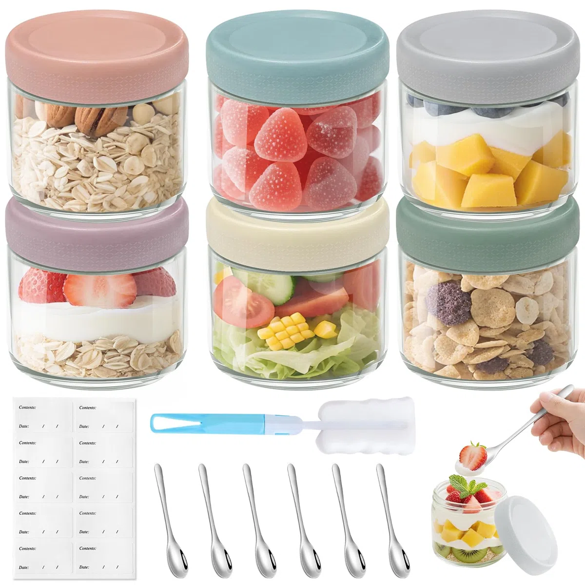Mssushi 6 Piezas Tarros de Cristal,350ml Tarros de Avena con Tapa Hermética de Rosca,Vasos yogurtera,reutilizables para yogur,gachas,Avena Durante La Noche,Ensalada,cereales,6 cucharas