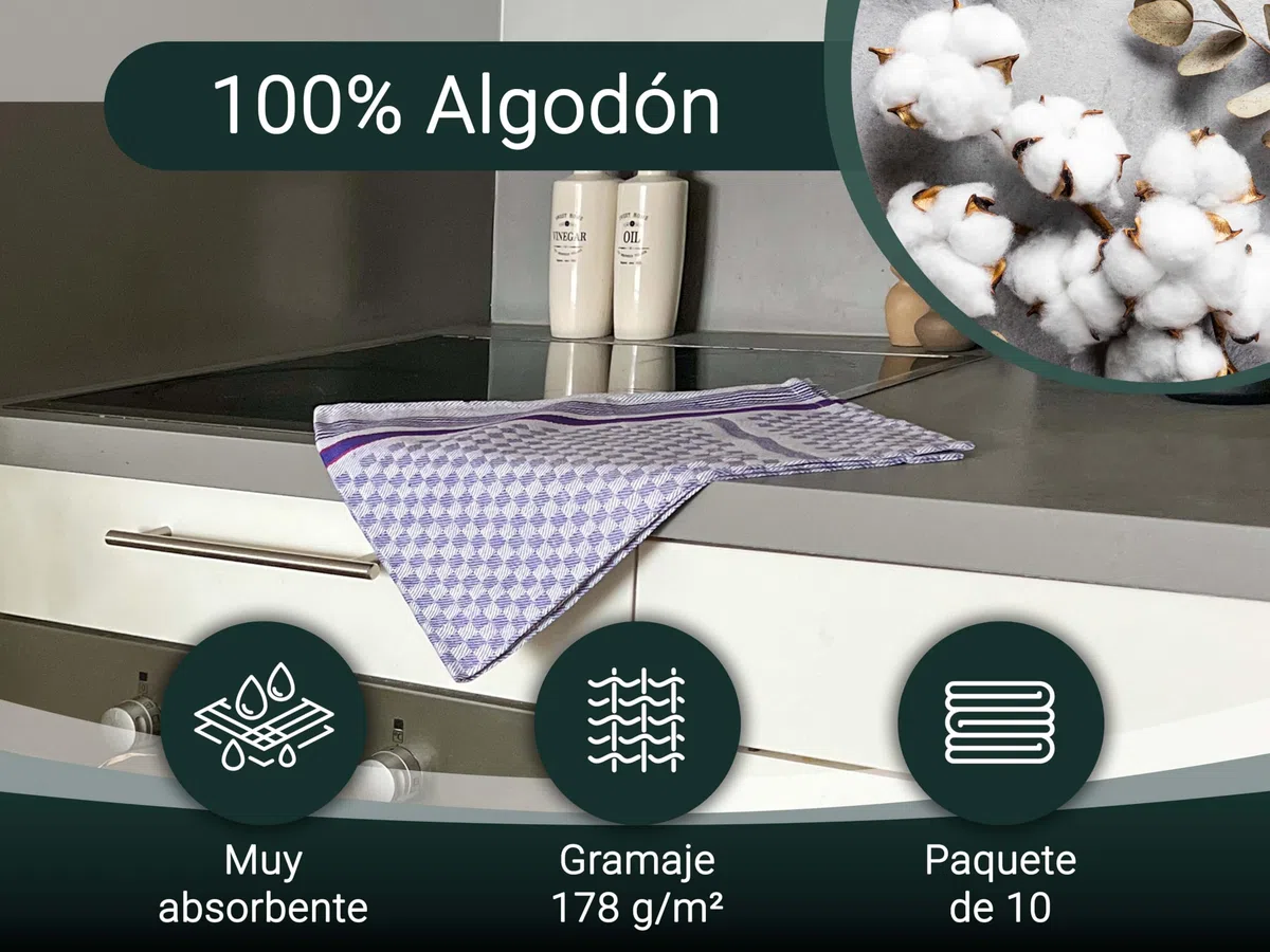 ZOLLNER 10 Trapos de Cocina Grandes, algodón, 45x90 cm, a Cuadros Azules