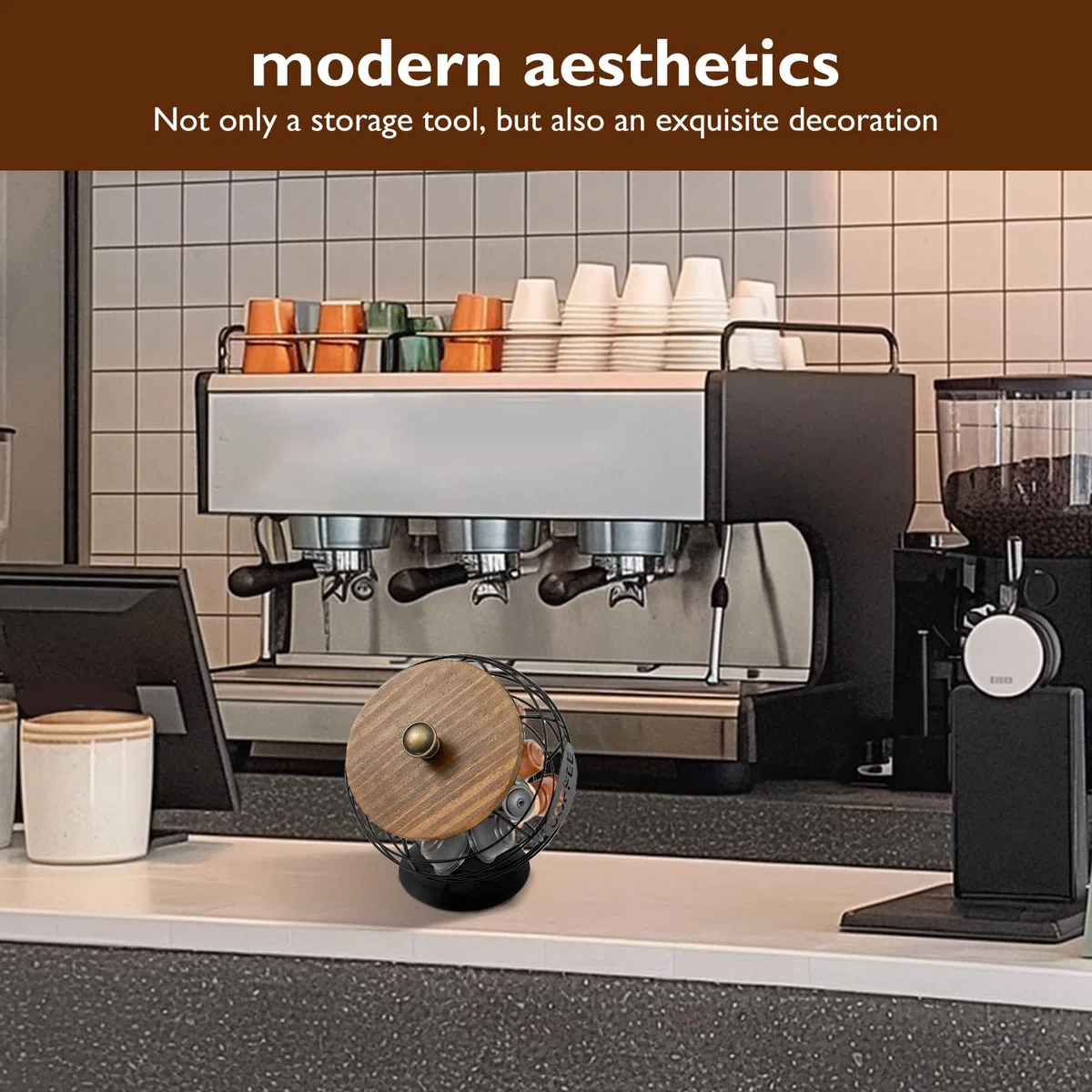 Cesta con Tapa para Cápsulas de Café, Moderno Soporte de Metal de Gran Capacidad para Expreso (Negro)