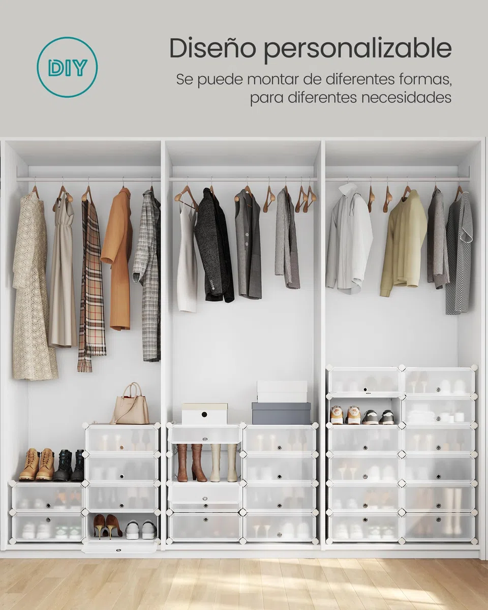 SONGMICS Zapatero Modular con 10 Compartimentos, Estantería Modular de Plástico, DIY, Zapatero con Puerta, con Martillo, Blanco LPC010WH01