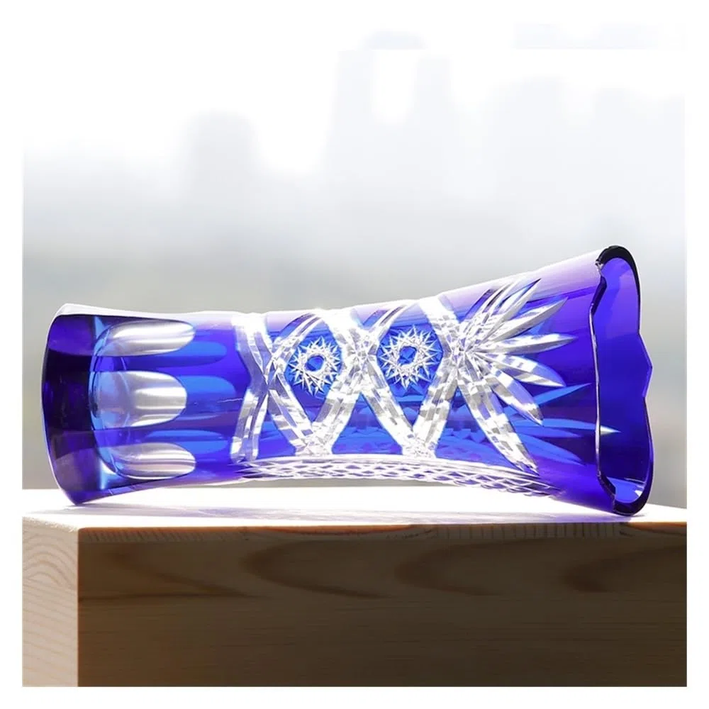 Jarrón, Elegante jarrón de Cristal Azul Estilo Bohemio checo Cortado a Mano for decoración de Cristal Transparente florero patrón Grabado para habitación, Biblioteca, Oficina, Entrada